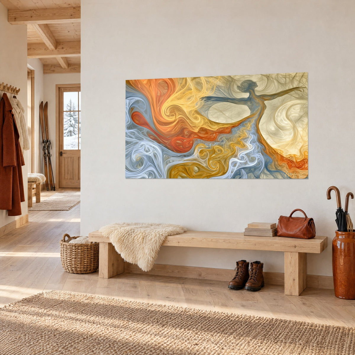 Tableau silhouette dansante en filaments de brume, tourbillons orange brûlé et bleu pâle, sur un mur crème d'entrée en chalet