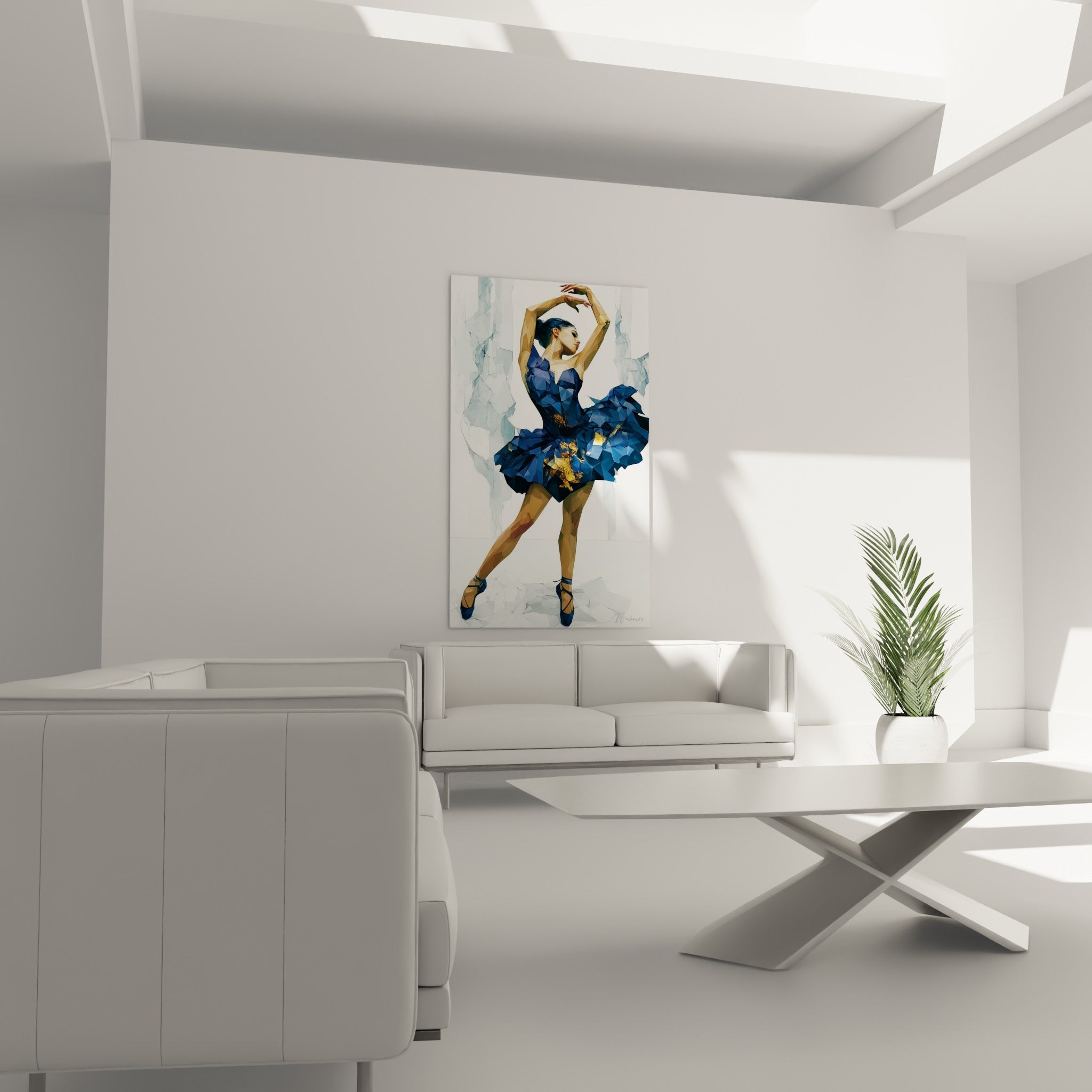 Silhouette gracieuse du tableau Danseuse abstrait en bleu marine et or, au-dessus d'un canapé dans un salon lumineux