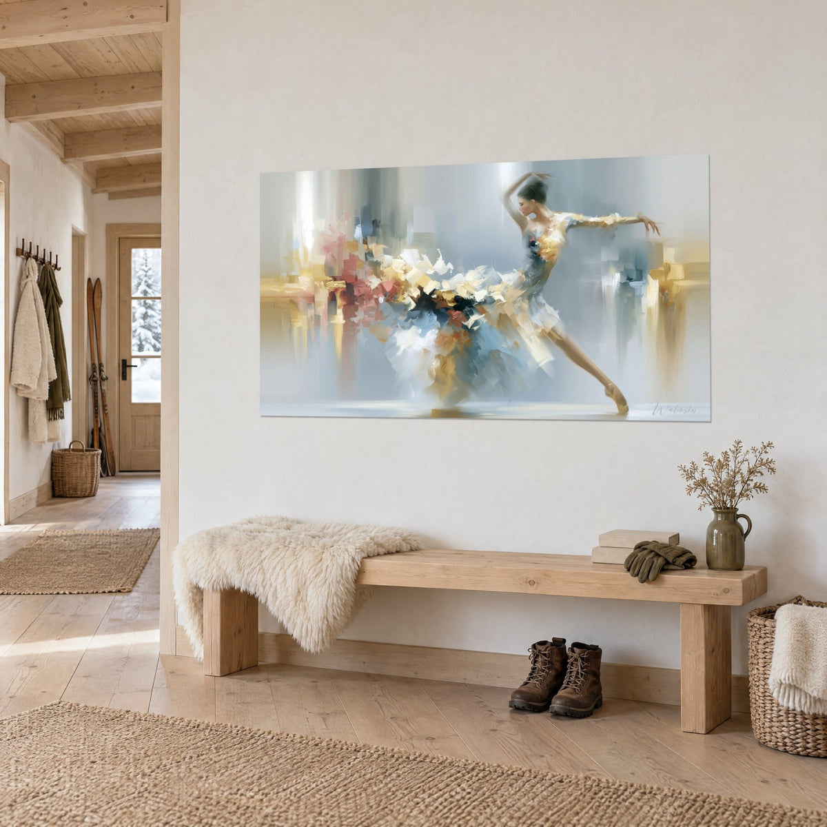Tableau danseuse étoile aux coups de spatule ocre et rose, bras tendus, accrochée dans une entrée de chalet près d'un banc