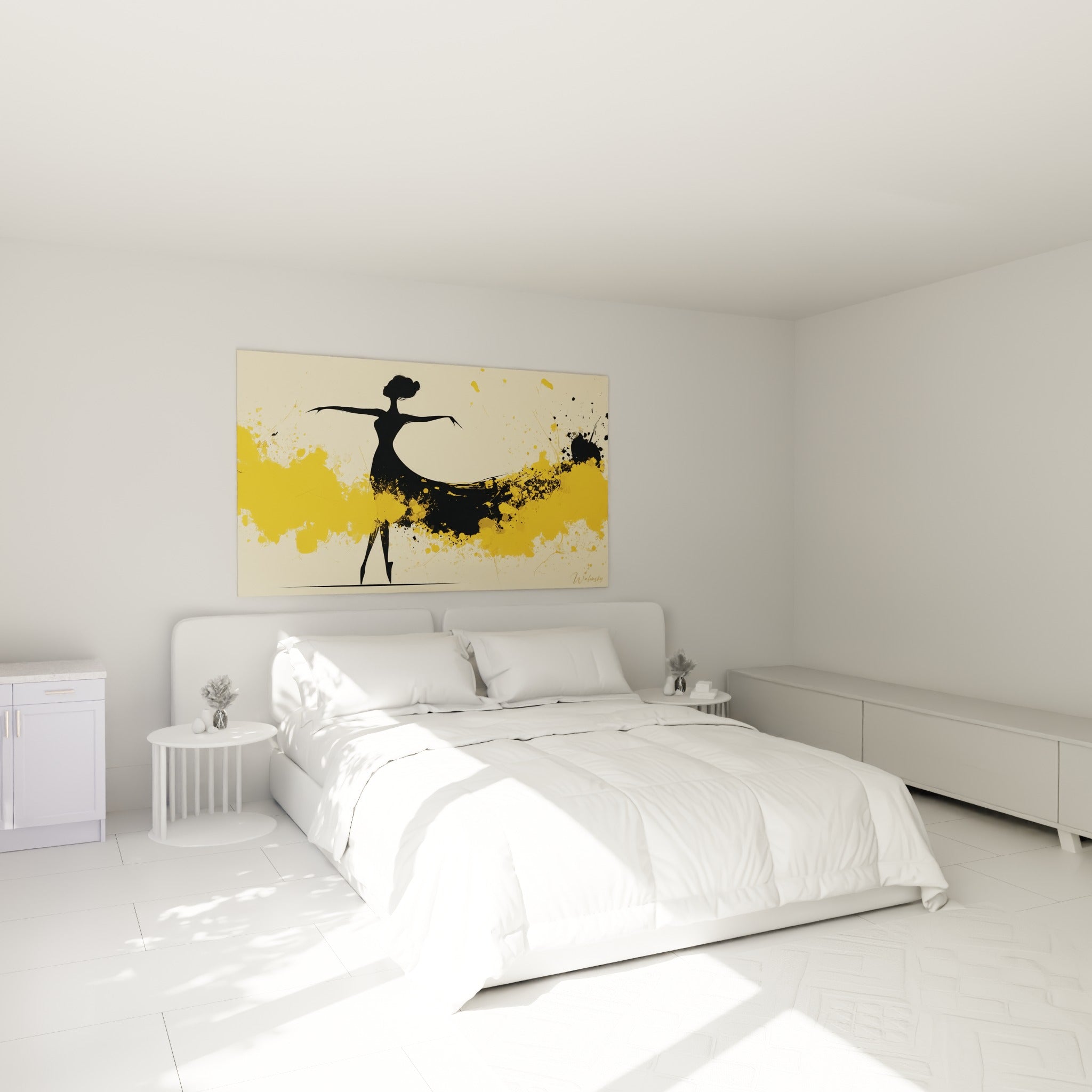 Silhouette noire de danseuse abstrait aux touches dorées, accrochée au-dessus d'un lit dans une chambre claire
