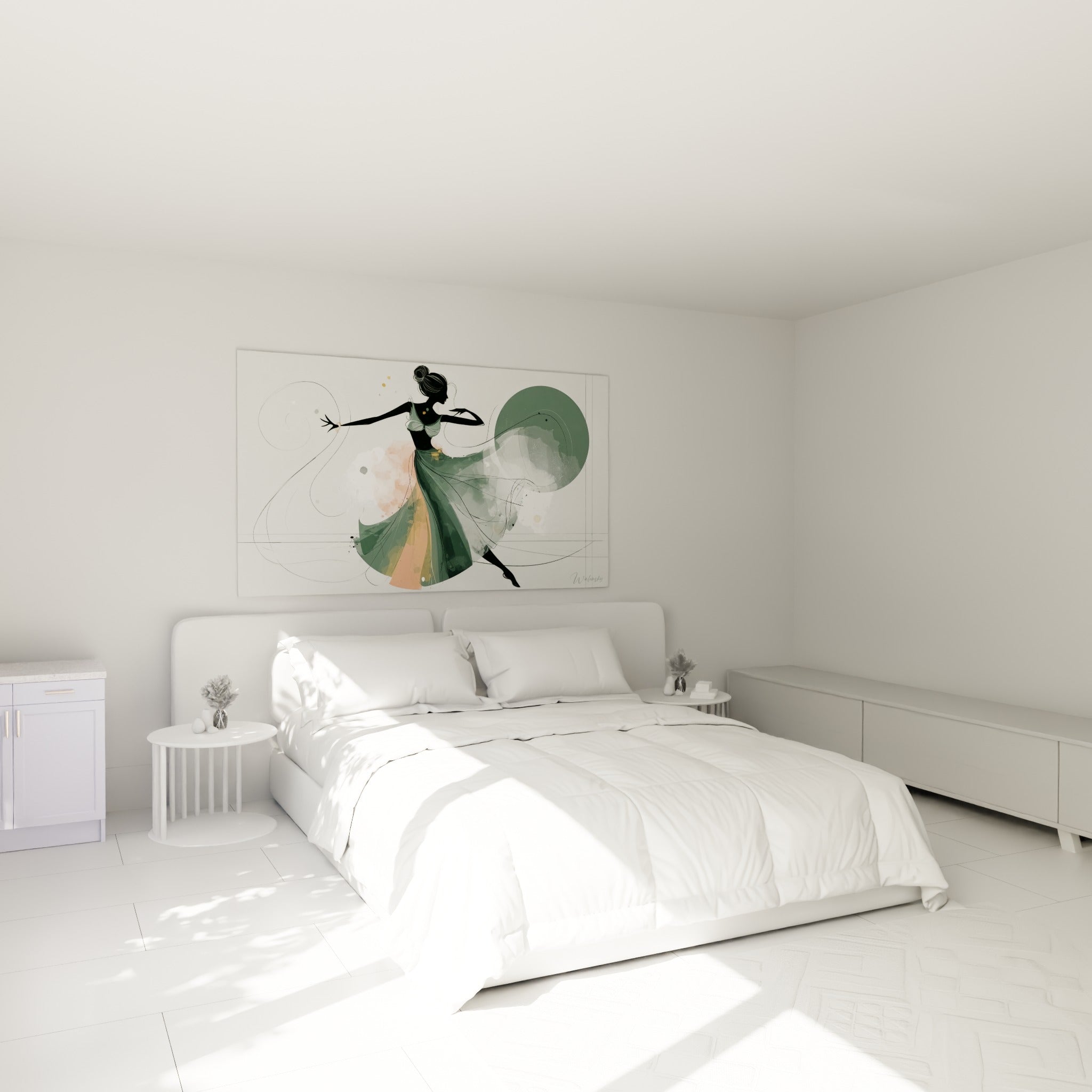 Silhouette de danseuse abstrait vert sauge et corail, geste léger, au-dessus d'un lit dans une chambre claire