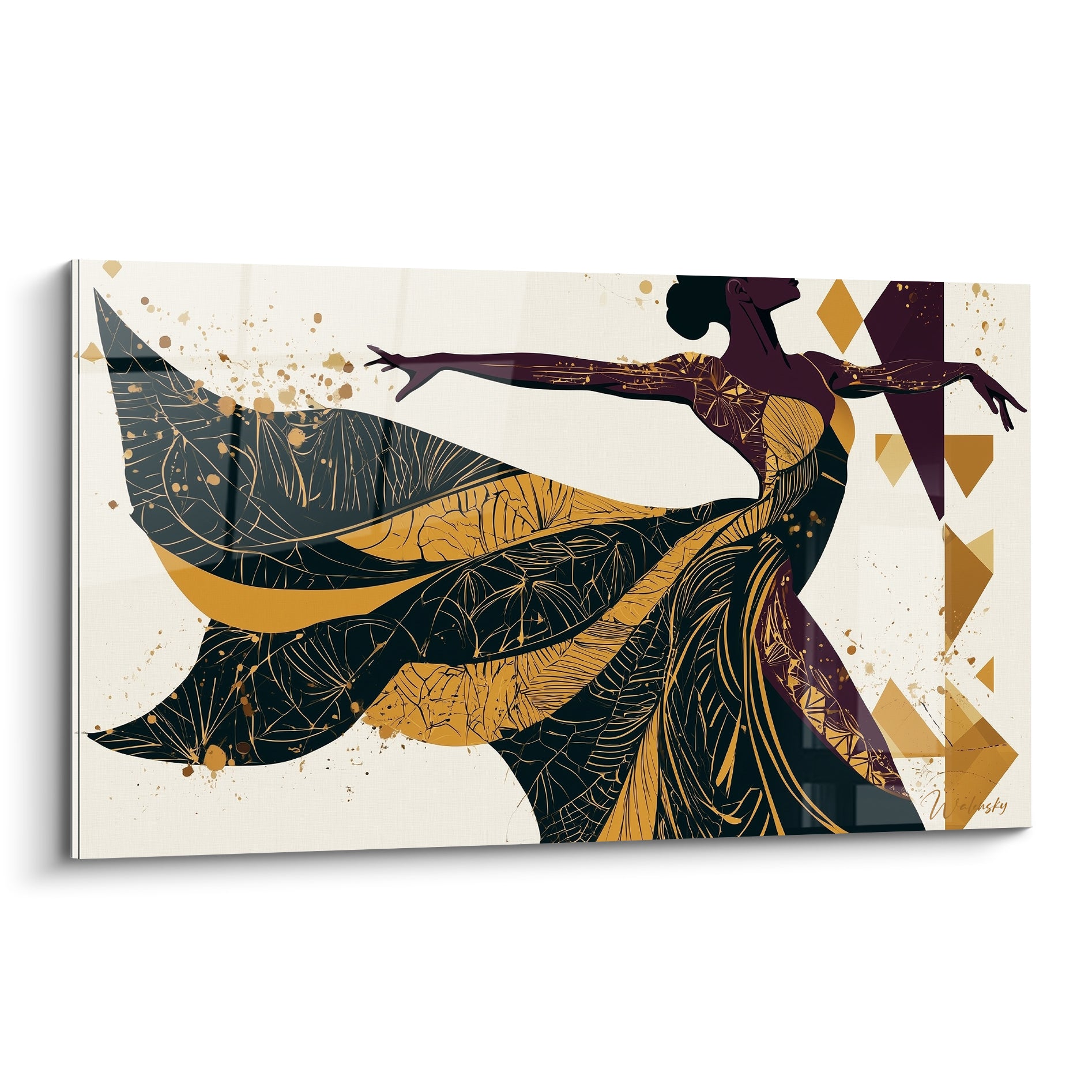 Danseuse abstrait en silhouette aubergine, robe déployée dorée et anthracite ornée de motifs végétaux