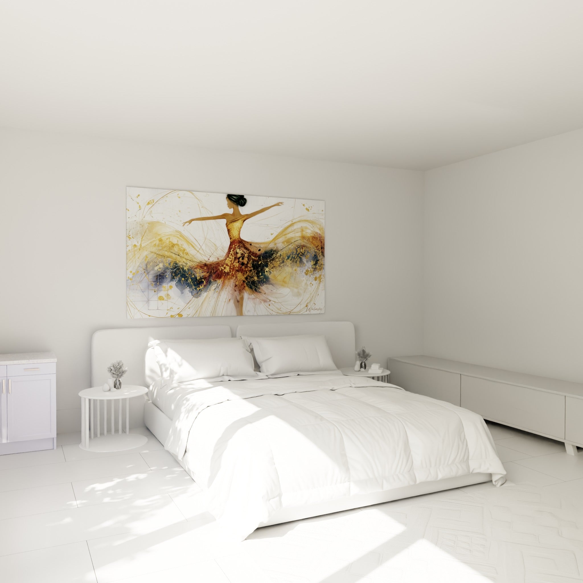 Silhouette dorée d'une danseuse abstraite au-dessus d'un lit dans une chambre claire