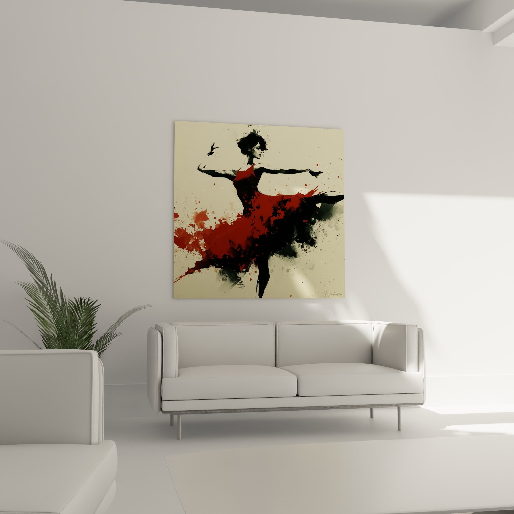 Ballerine en mouvement, jupe rouge éclatée et fond crème, au-dessus d'un canapé dans un salon lumineux