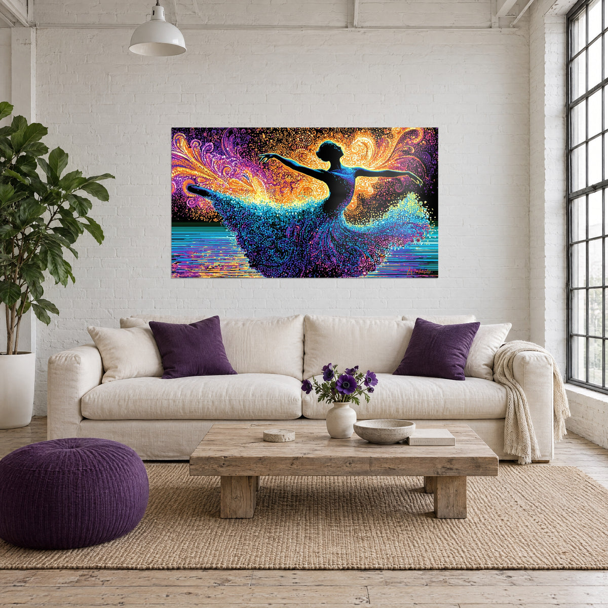 Tableau danseuse en tutu turquoise, bras tendus sur volutes orange et violettes pointillées, au-dessus d'un canapé dans un salon lumineux