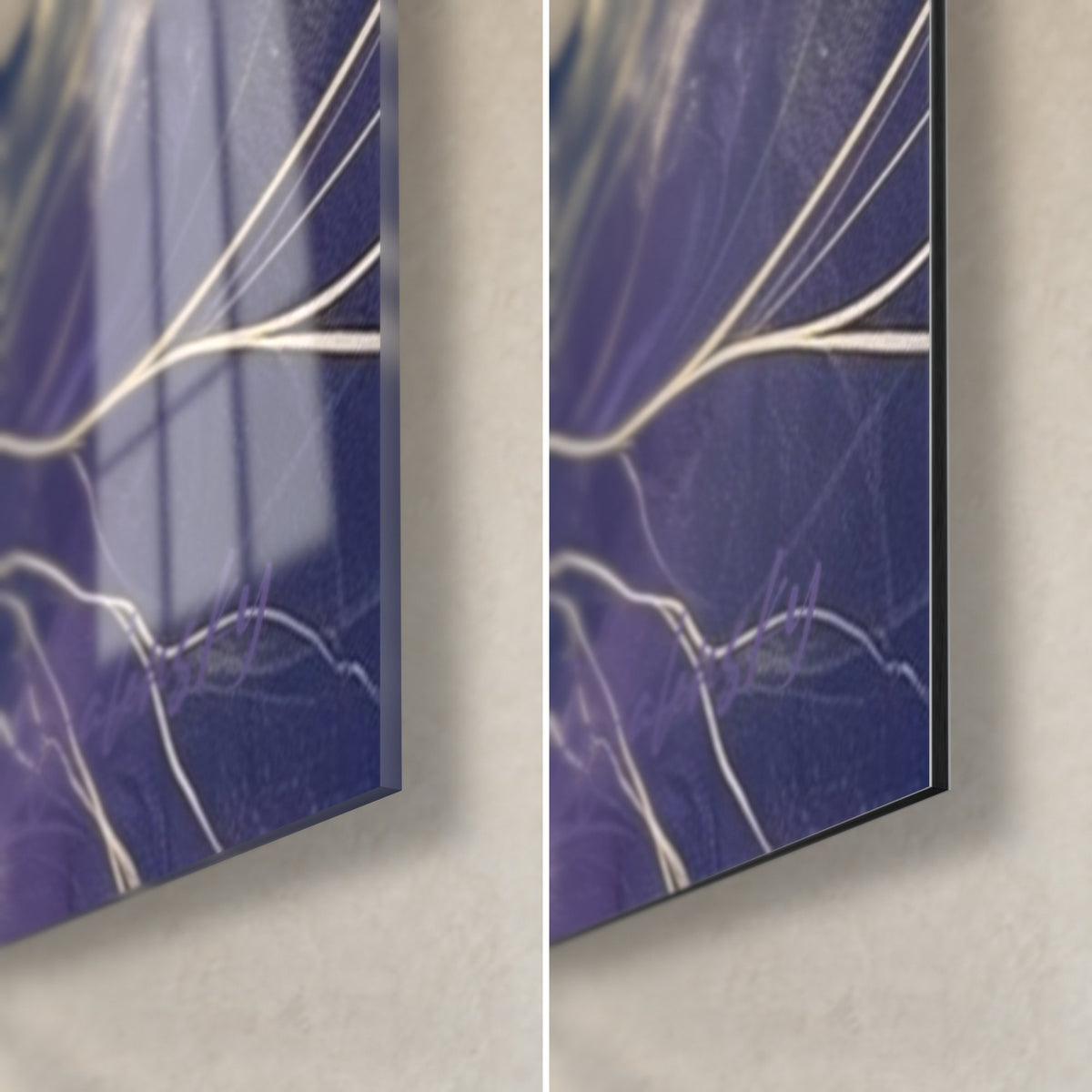 Cuadro bailarina violeta, esquina inferior derecha: cristal acrílico brillante con reflejos, aluminio Dibond mate y canto de 3 mm, nervaduras doradas
