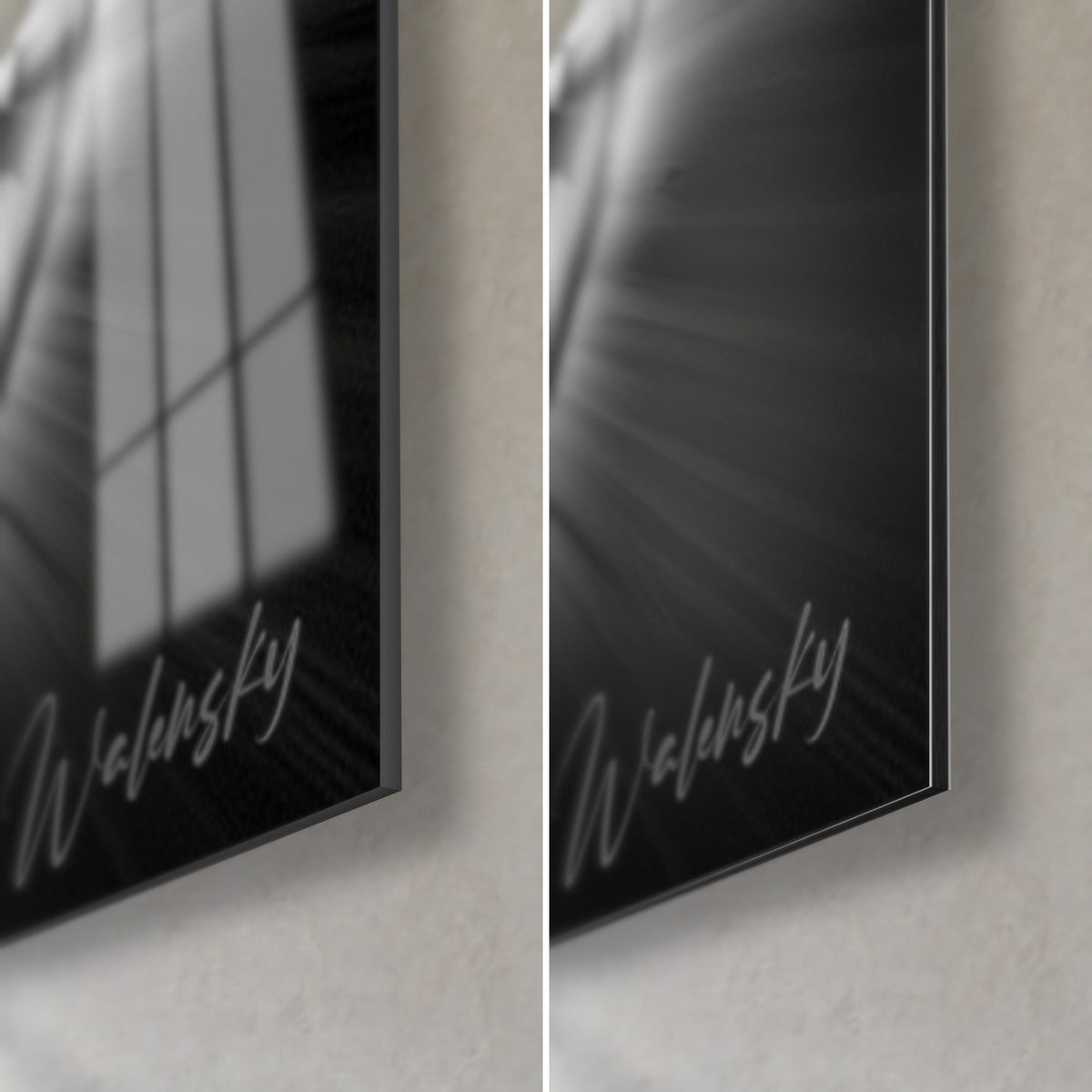 Tableau ballerine tournoyante en noir et blanc, coin bas droit en verre acrylique brillant à gauche et Dibond mat à droite, tranche de 3 mm