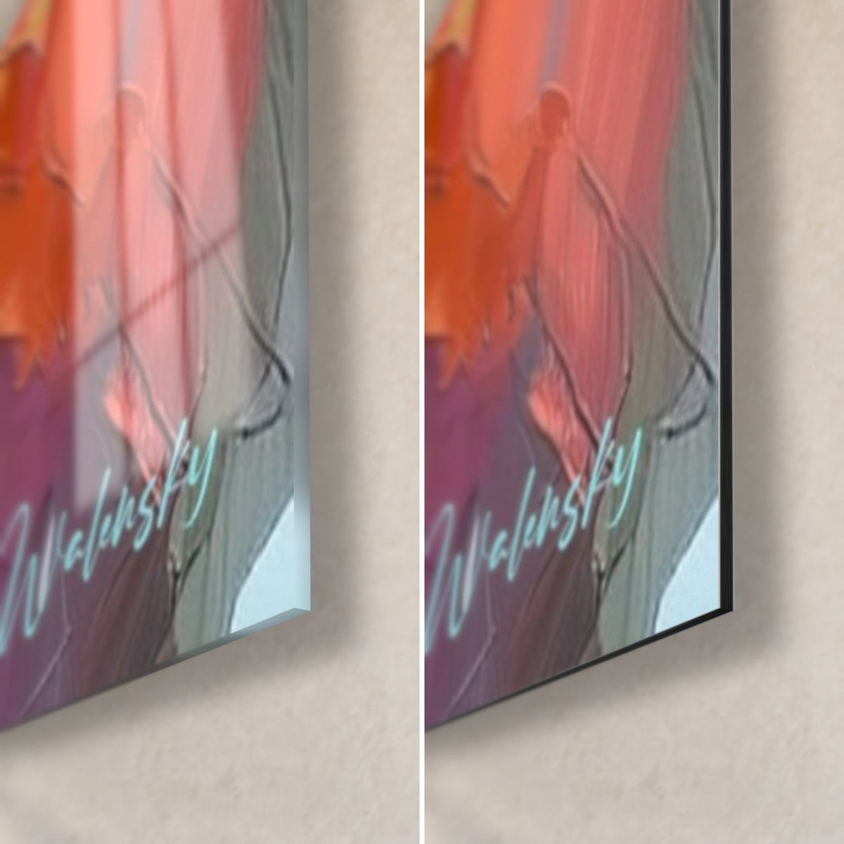 Schilderij danseres met oranje en turquoise rok, rechtsonder: glanzend acrylglas links, mat zwart Dibond-aluminium rechts