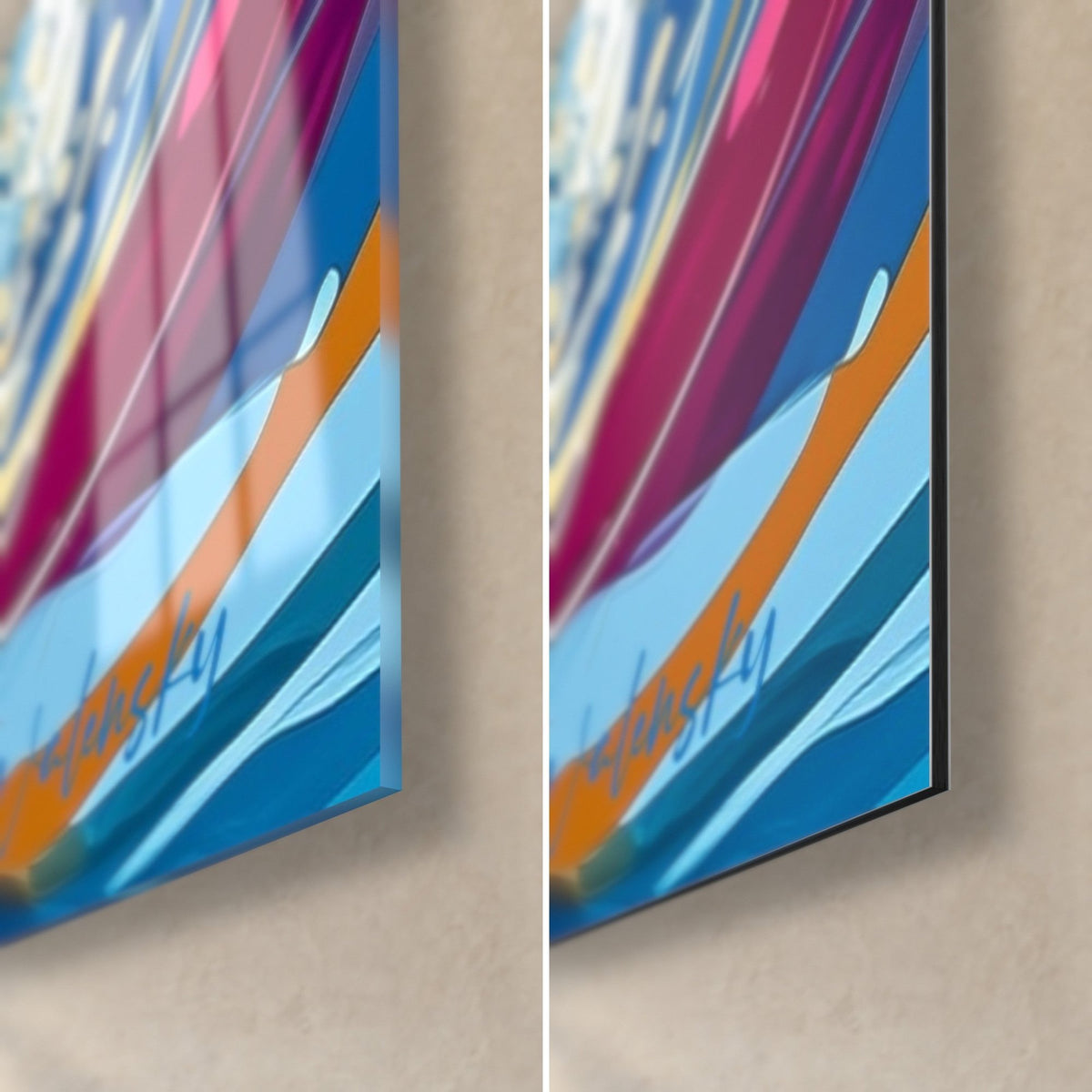 Tableau ballerine en robe magenta, coin bas droit : coups de pinceau bleu ciel et orange, verre brillant et Dibond mat