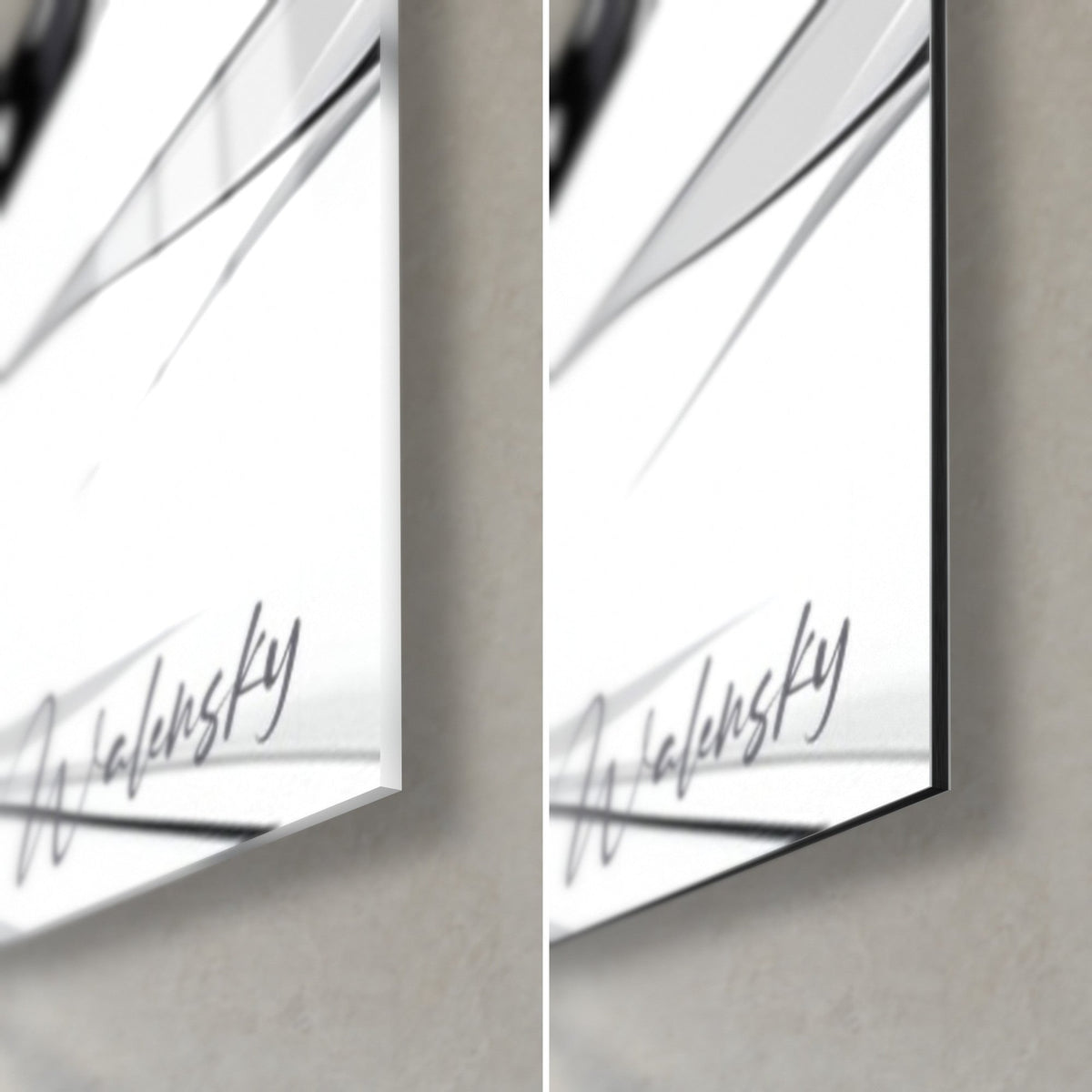 Tableau silhouette dansante, signature Walensky noire, tranche de 3 mm, verre brillant à gauche, Dibond mat à droite, coin bas droit