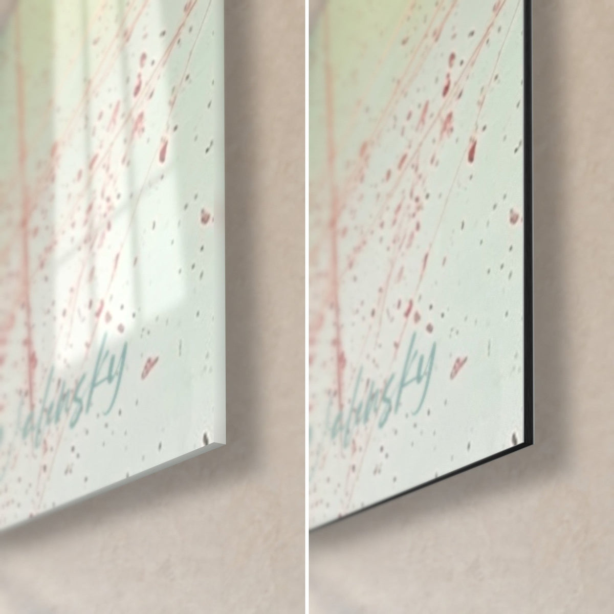 Tableau danseuse abstraite, coin bas droit : verre acrylique brillant aux reflets à gauche, alu Dibond mat noir à droite, tranche de 3 mm