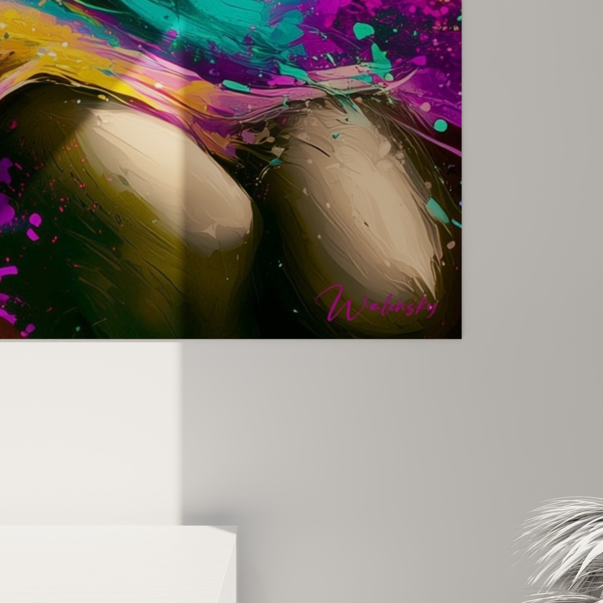 Empâtements colorés de la danseuse abstrait, coulures roses et sarcelle se mêlant sur la toile