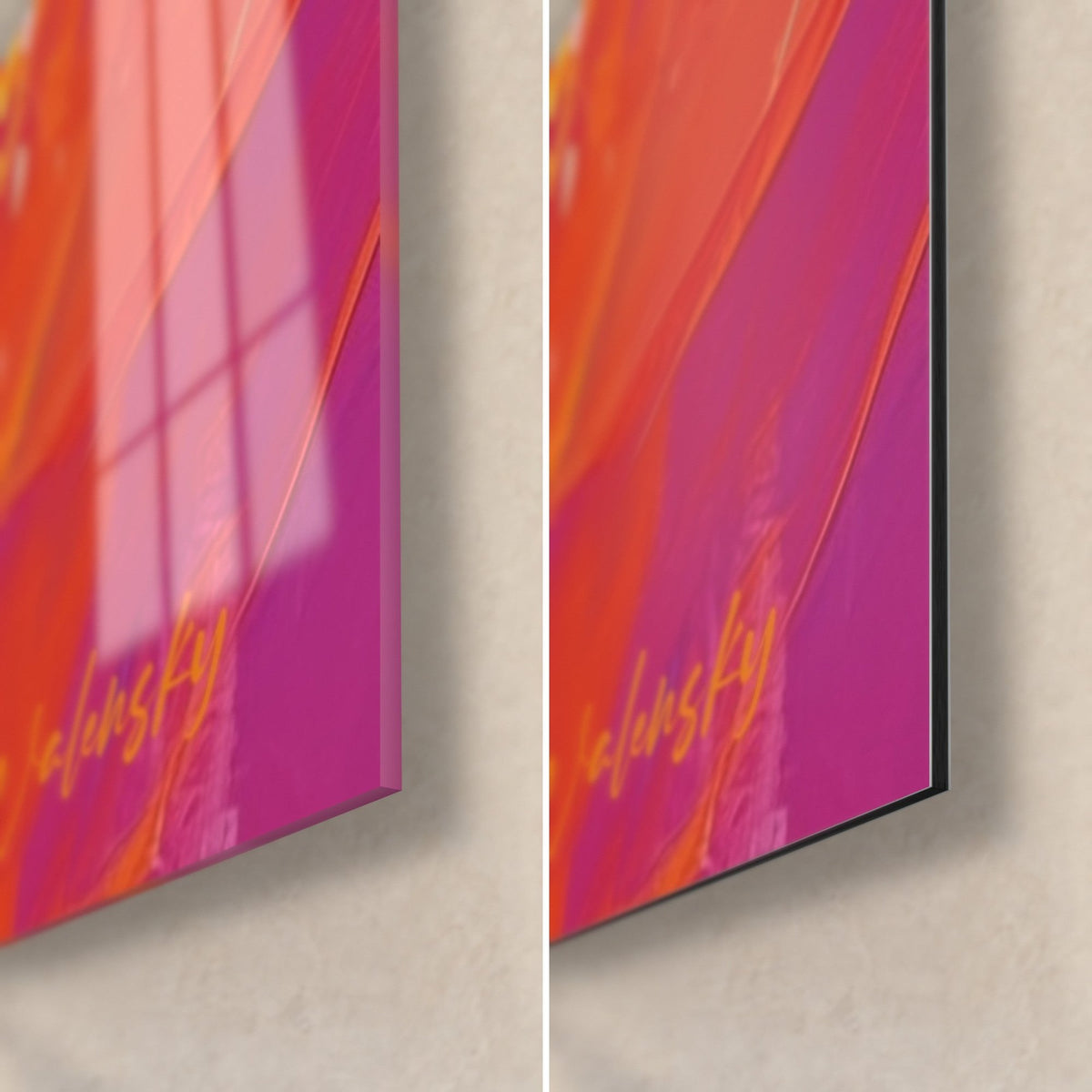 Cuadro bailarina pintada con espátula, esquina inferior derecha magenta y naranja, cristal acrílico brillante y aluminio Dibond mate, grosor 3 mm
