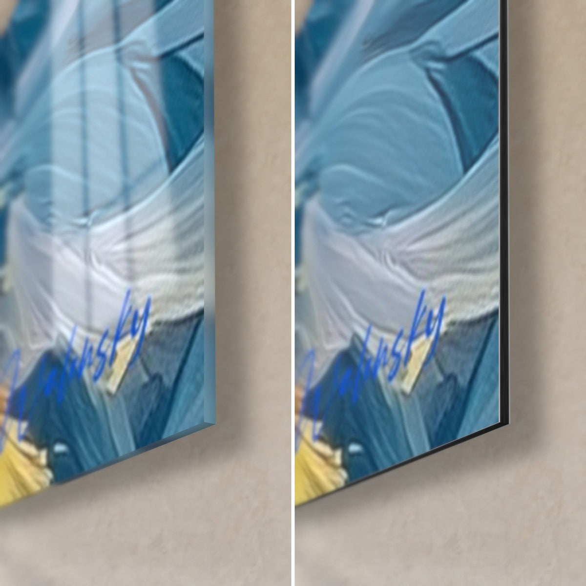 Tableau danseuse à la robe bleu roi et jaune vif, coin bas droit signé, verre acrylique brillant et alu Dibond mat, tranche 3 mm