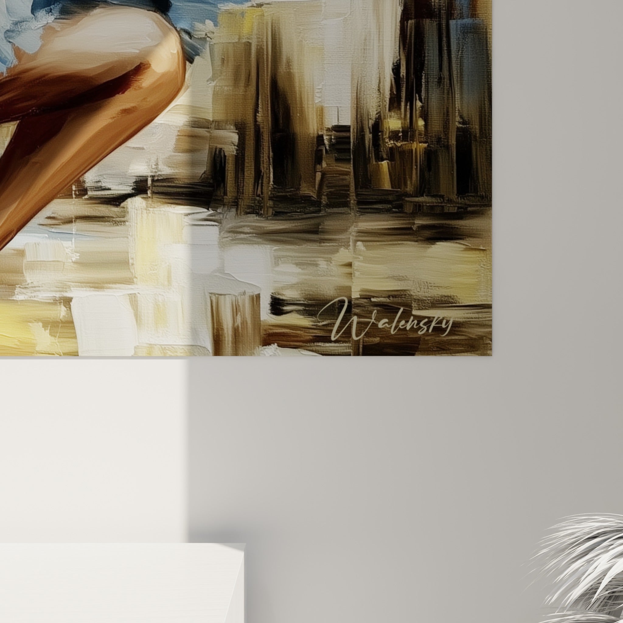 Empâtements épais bleu marine et blanc du tutu, coulures dorées et grain de la matière peinte