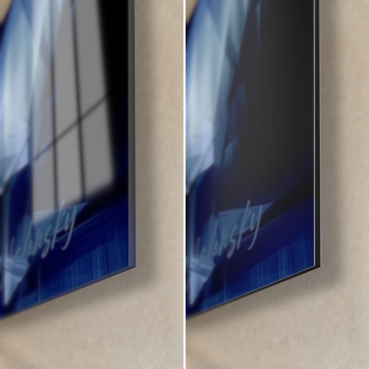Gemälde tanzende Silhouette mit indigoblauen und weißen Splittern, untere rechte Ecke: glänzendes Acrylglas, mattes Dibond, feine Kante