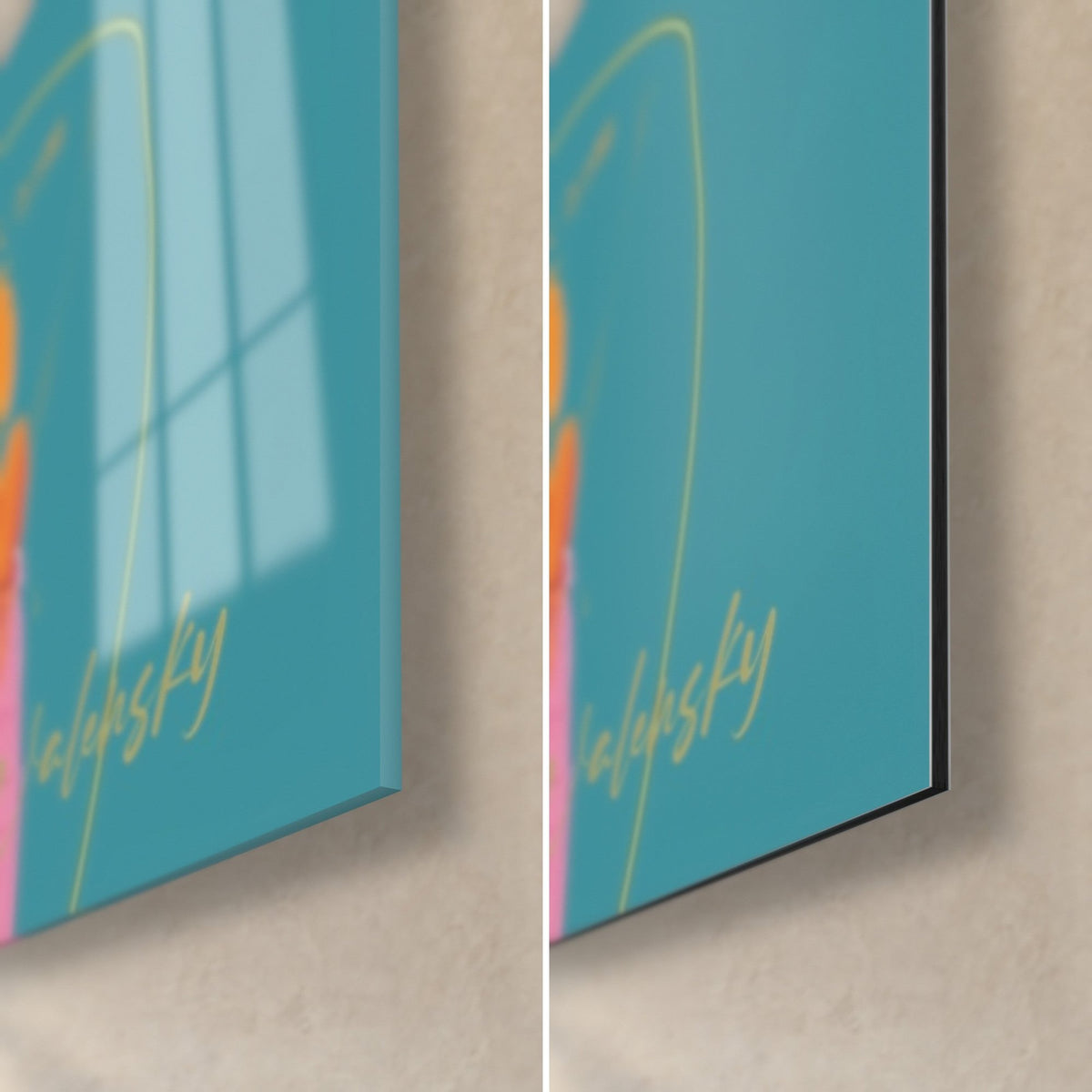 Tableau danseuse en robe rose, coin bas droit : turquoise et or, verre acrylique brillant à gauche, Dibond mat à droite, tranche 3 mm
