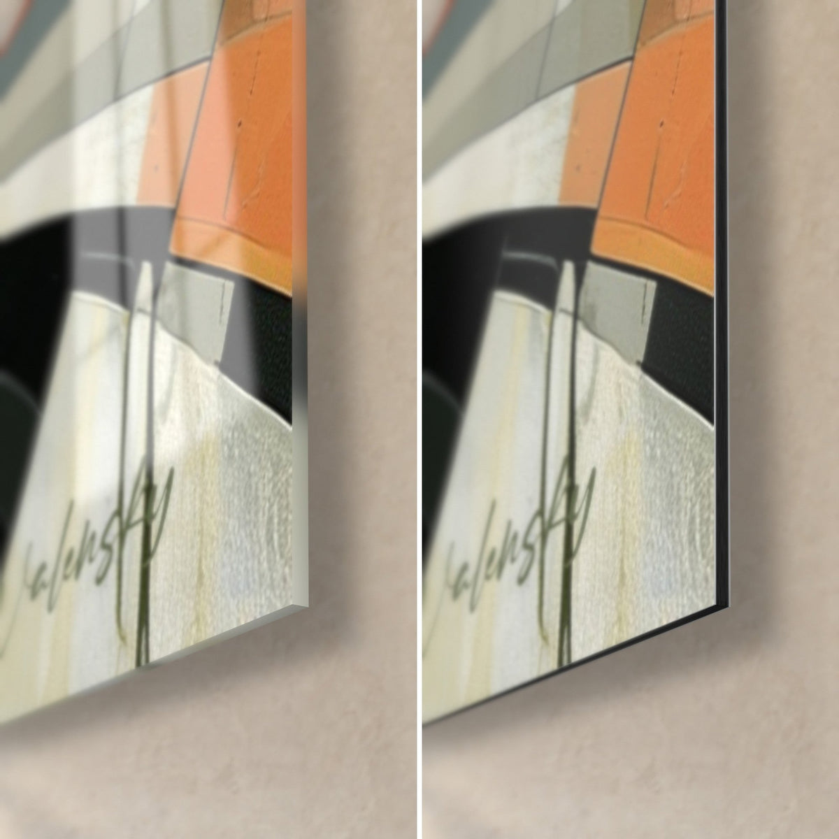 Tableau ballerine géométrique, coin bas droit : verre brillant à reflets, alu Dibond mat, tranche de 3 mm, orange et noir