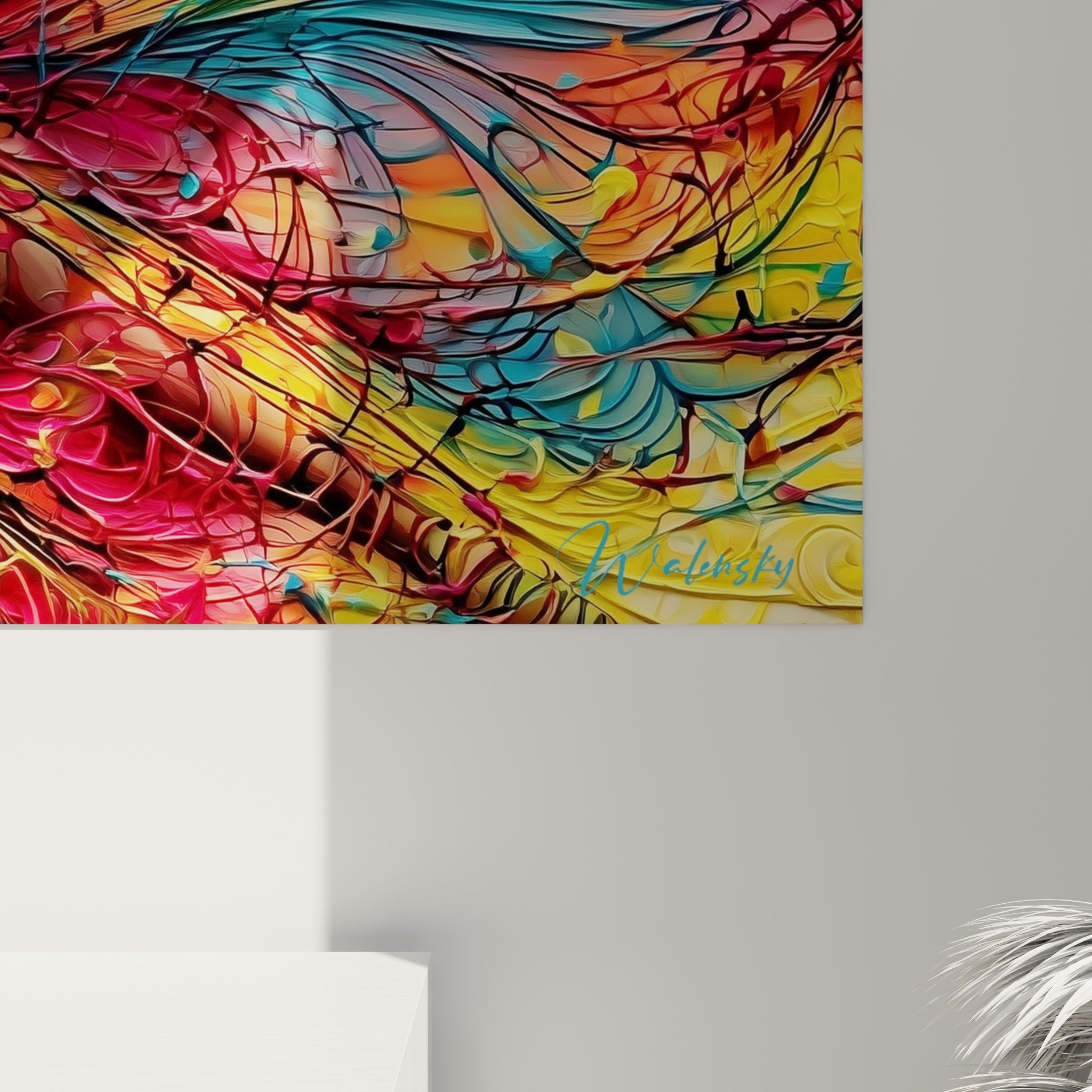 Empâtements colorés mêlant fuchsia, turquoise et doré, traits fins tissés en volutes sur la toile