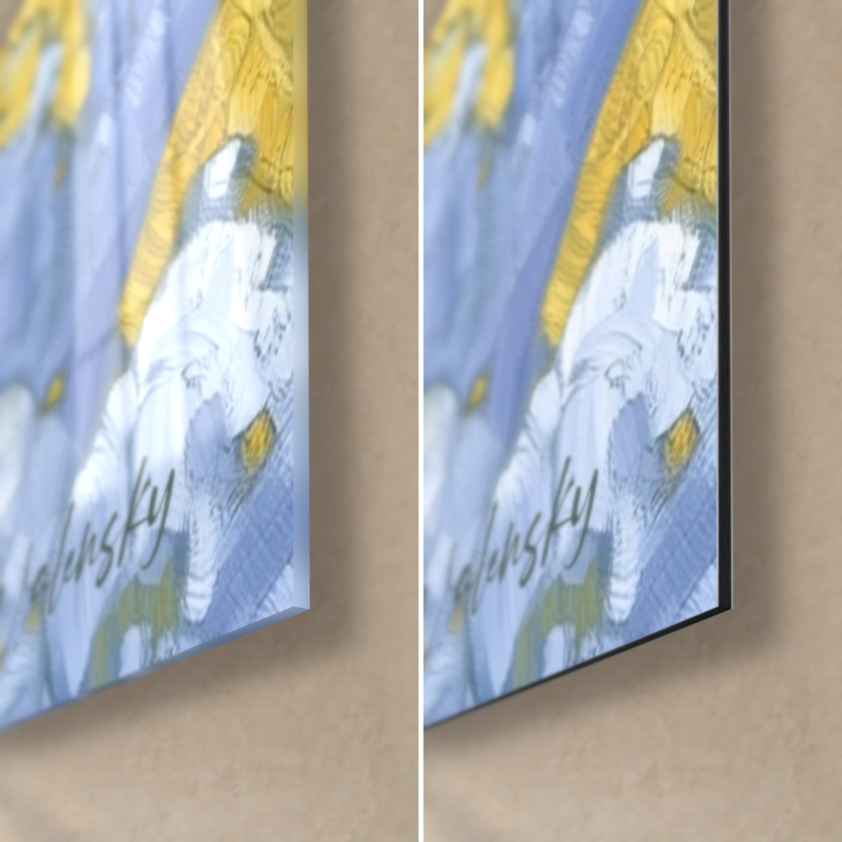 Cuadro bailarina estilizada azul, abanico amarillo y blanco roto, firma Walensky, esquina de cristal brillante y Dibond negro mate