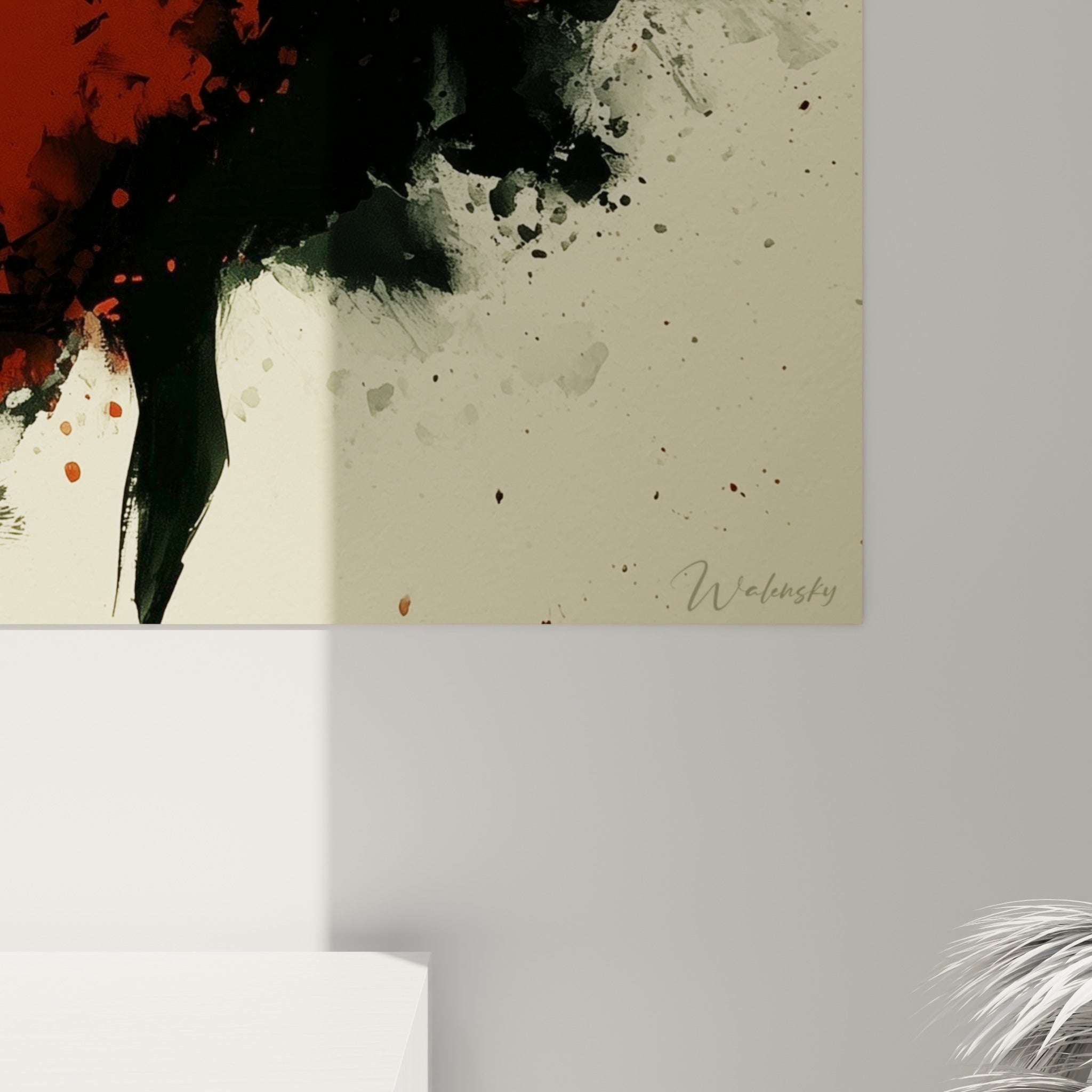 Empâtements rouges et coulures noires visibles de près, matière granuleuse de l'encre sur la toile