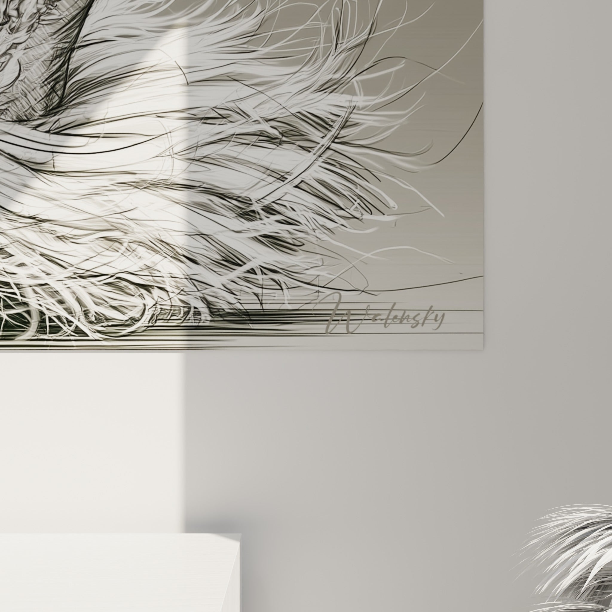 Traits fusain sur fond gris taupe, fibres blanches du tutu et empâtements formant la danseuse abstrait