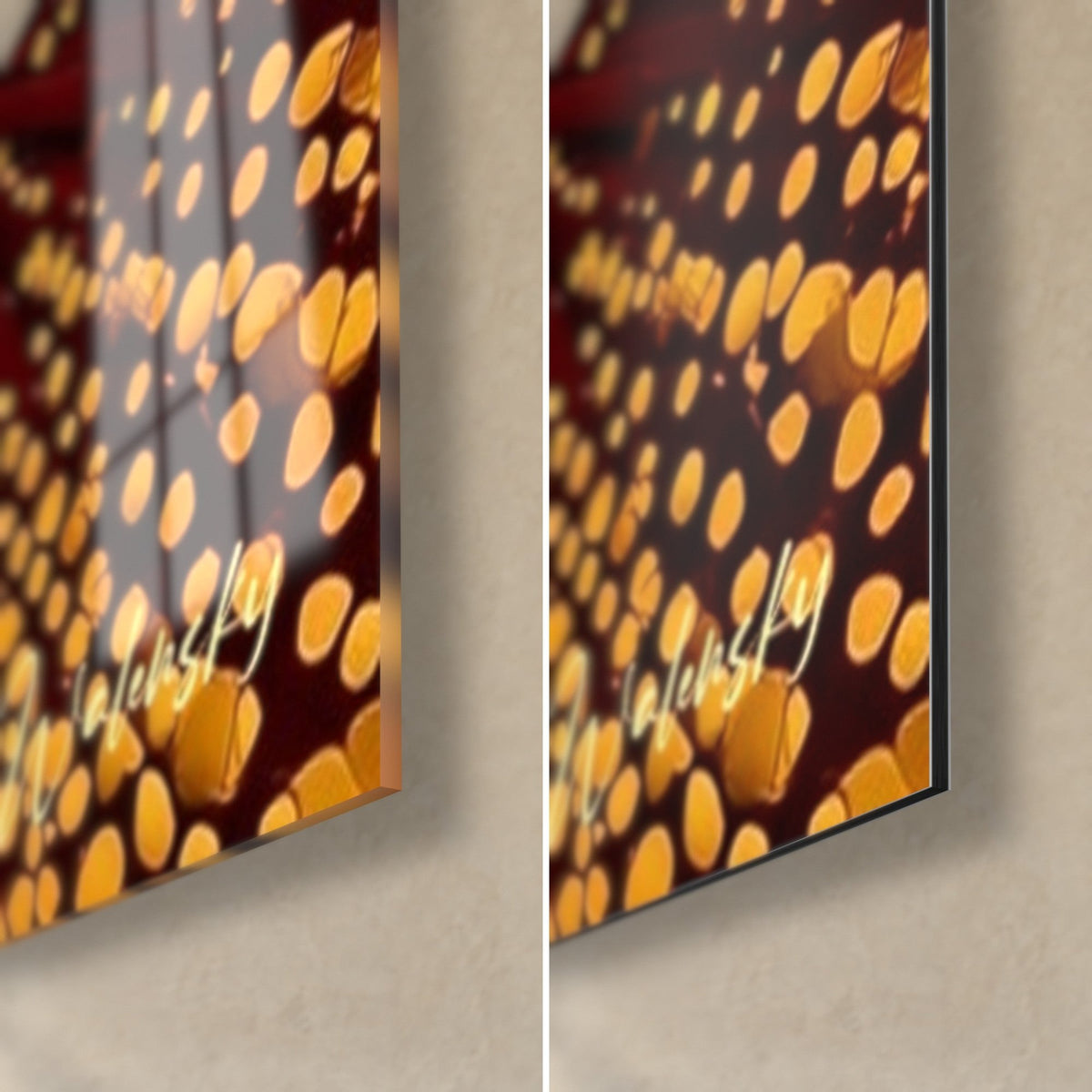 Tableau valseuse à la robe ocre parsemée de pastilles, coin bas droit : verre acrylique brillant à gauche, alu Dibond mat et tranche à droite