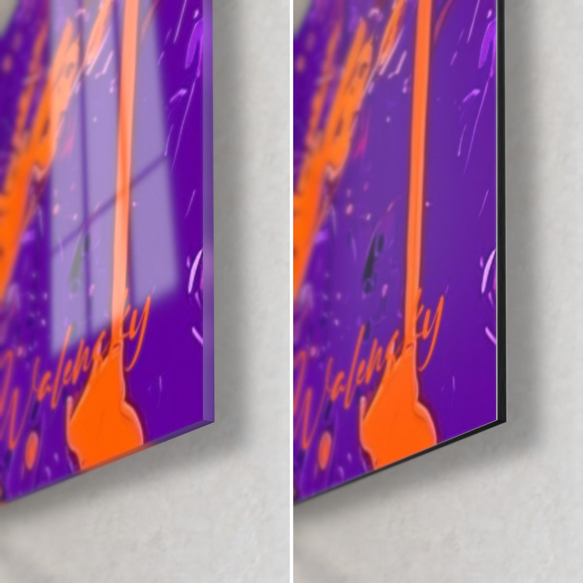Tableau danseuse aux traînées orange et pourpre, coin bas droit : verre brillant à gauche, Dibond mat à droite, tranche 3 mm