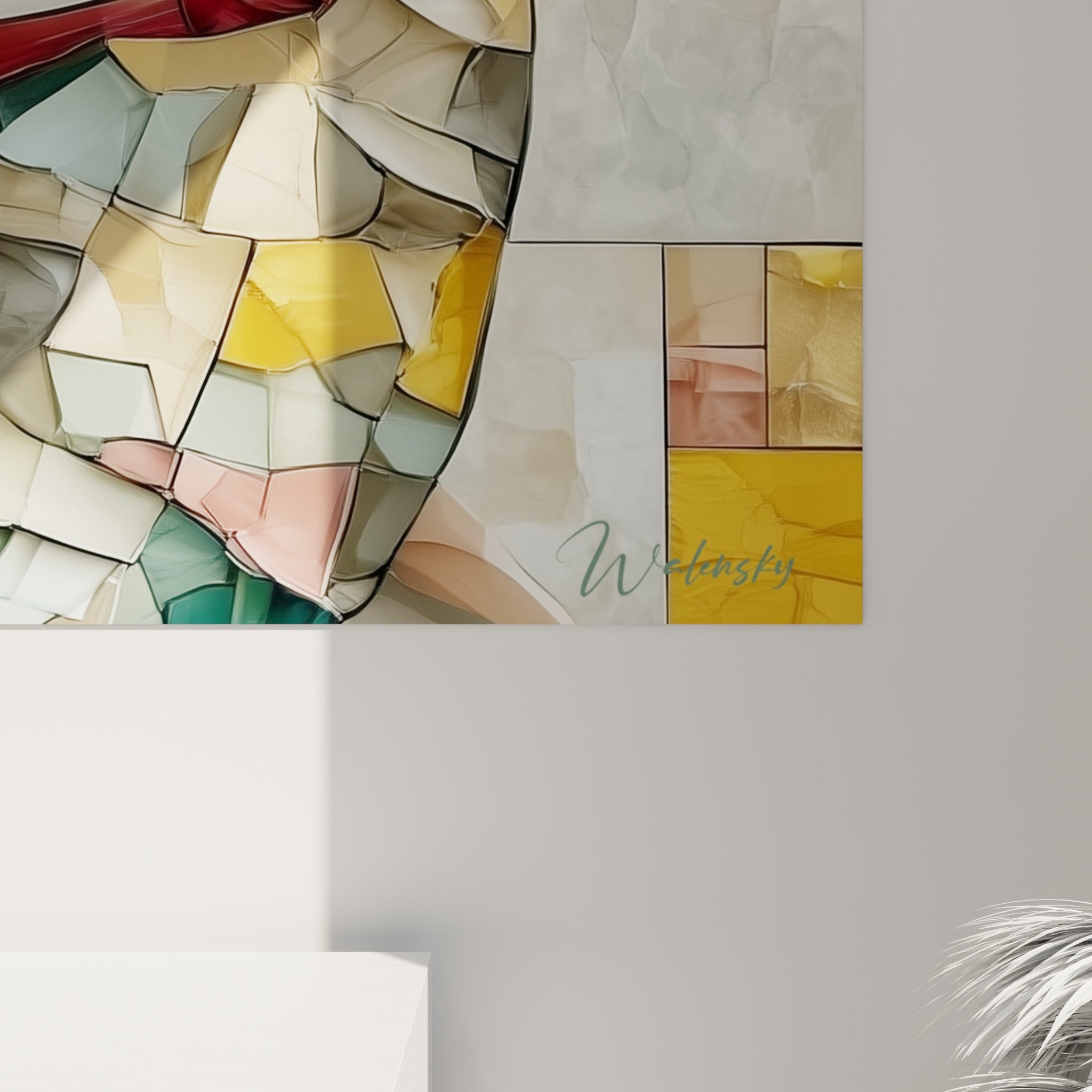 Fragments de mosaïque dorés, bordeaux et vert sauge aux arêtes marquées, matière en relief sur la toile