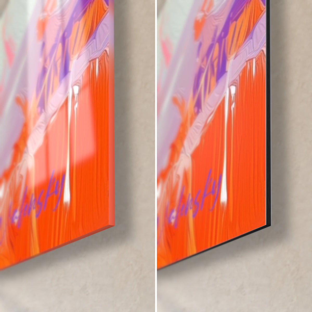 Gemälde Frau mit weißer Haarpracht, untere rechte Ecke: glänzendes Acrylglas links, mattes schwarzes Dibond rechts, Orange und Violett