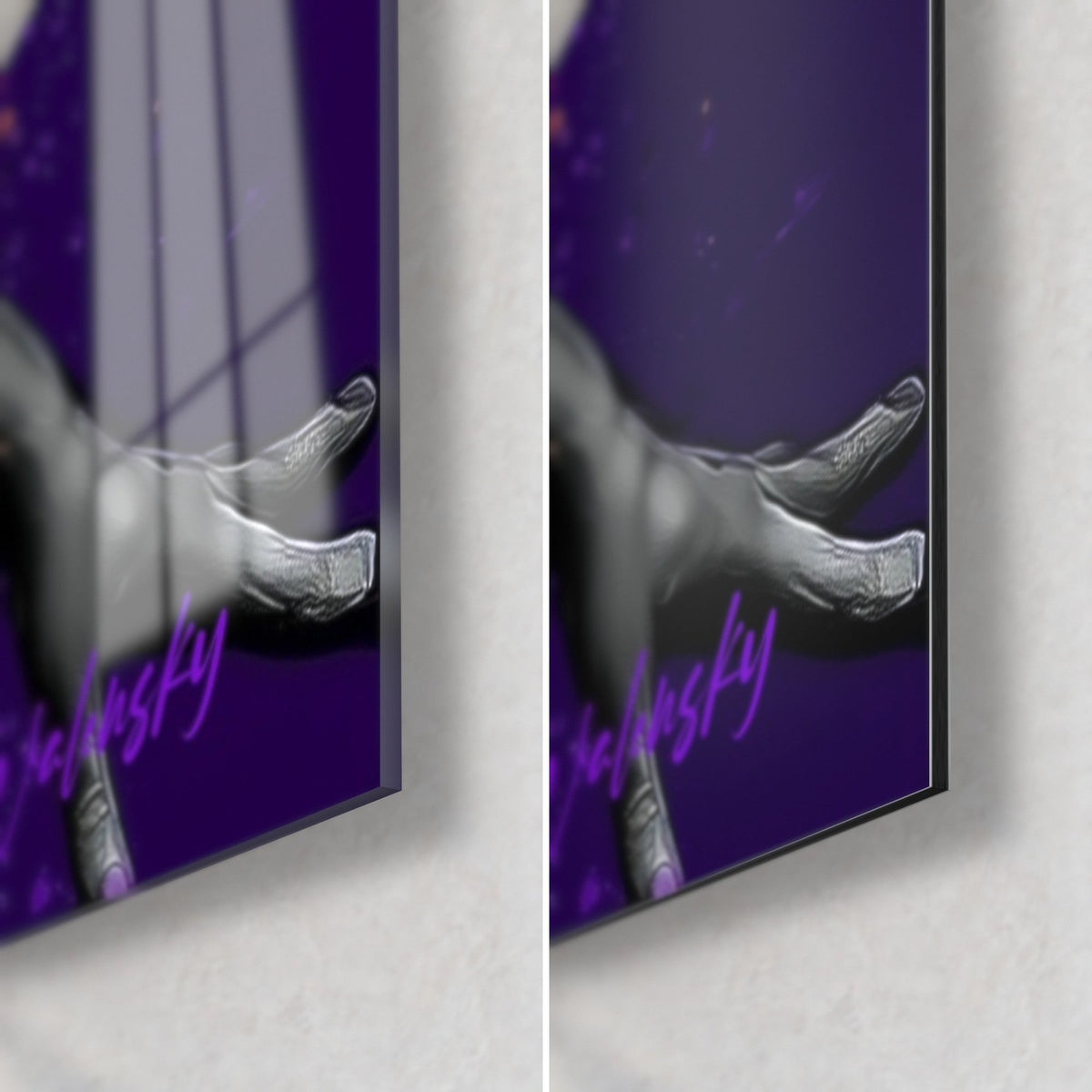 Tableau silhouette dansante, main gantée de gris et signature violette, coin bas droit en verre brillant et Dibond mat, tranche 3 mm