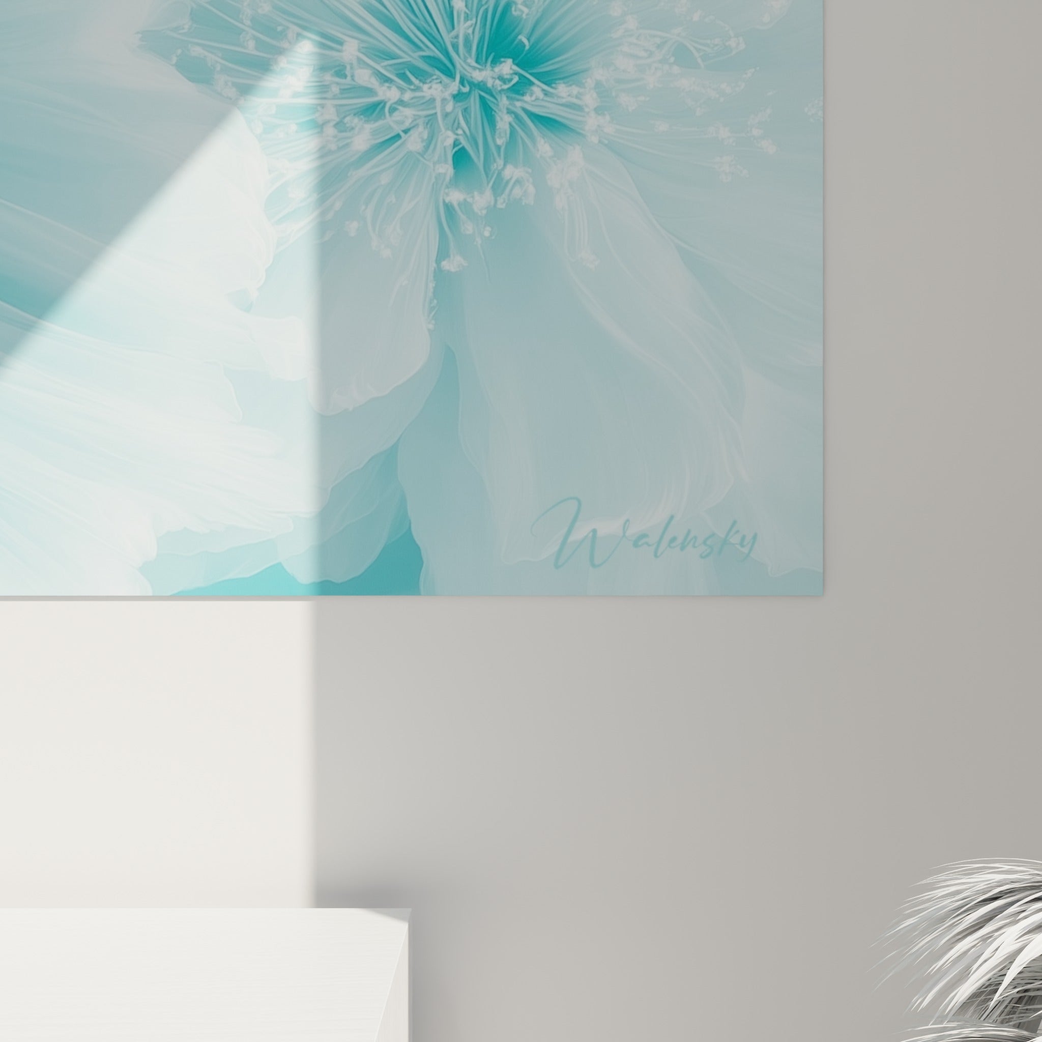 Empâtements turquoise et blancs du tutu vaporeux, matière délicate de ce tableau danseuse abstrait accroché au mur