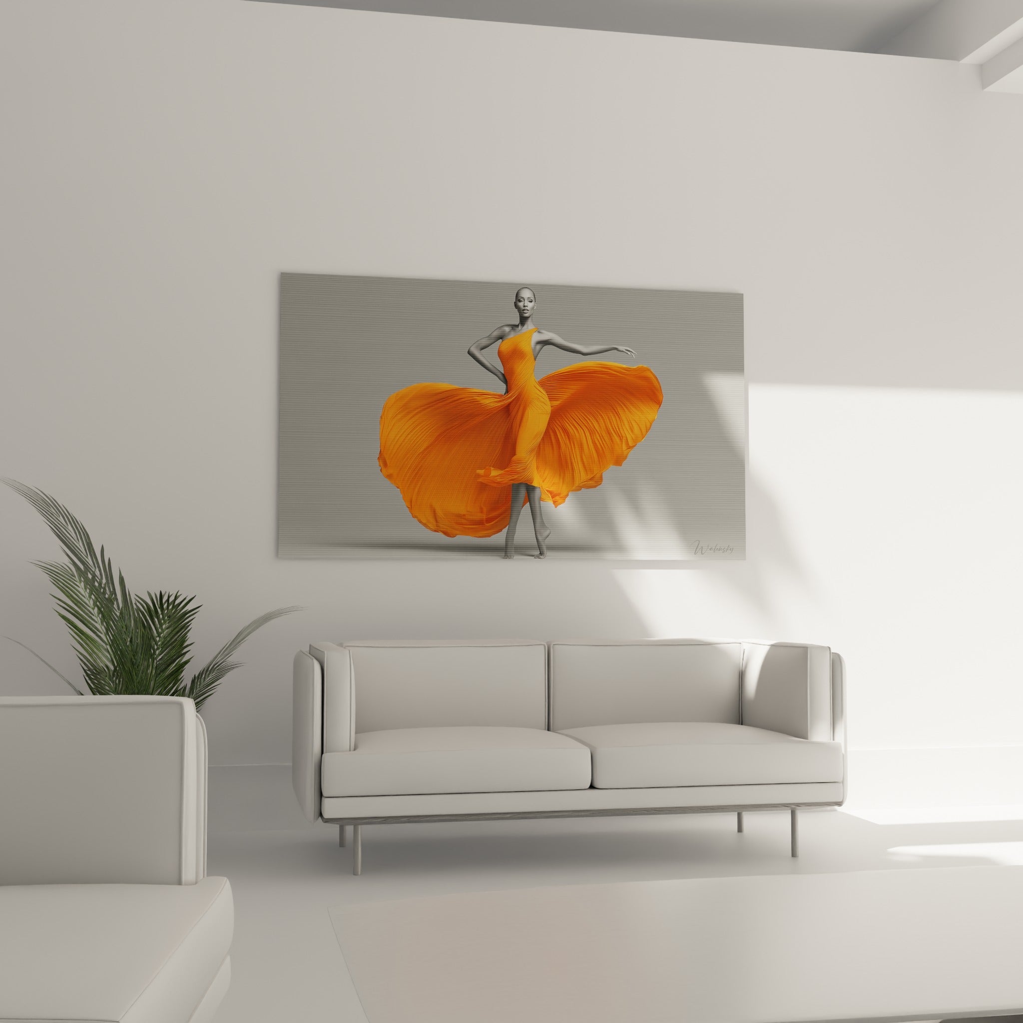 Robe orange déployée en larges pans ondulés, danseuse abstrait au-dessus d'un canapé dans un salon lumineux