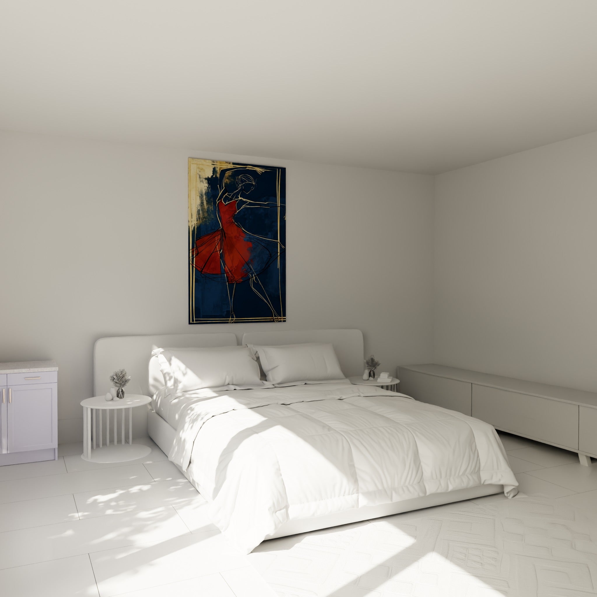 Silhouette de danseuse en rouge et bleu marine, tableau accroché au-dessus d'un lit dans une chambre claire