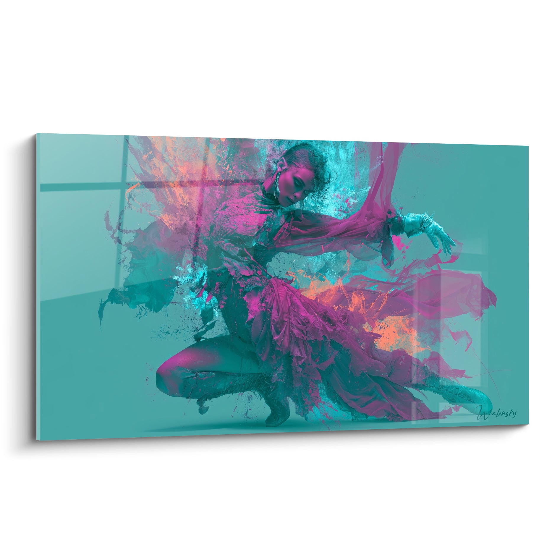 Danseuse abstrait agenouillée, corps turquoise et voiles magenta dissous en volutes de fumée colorée