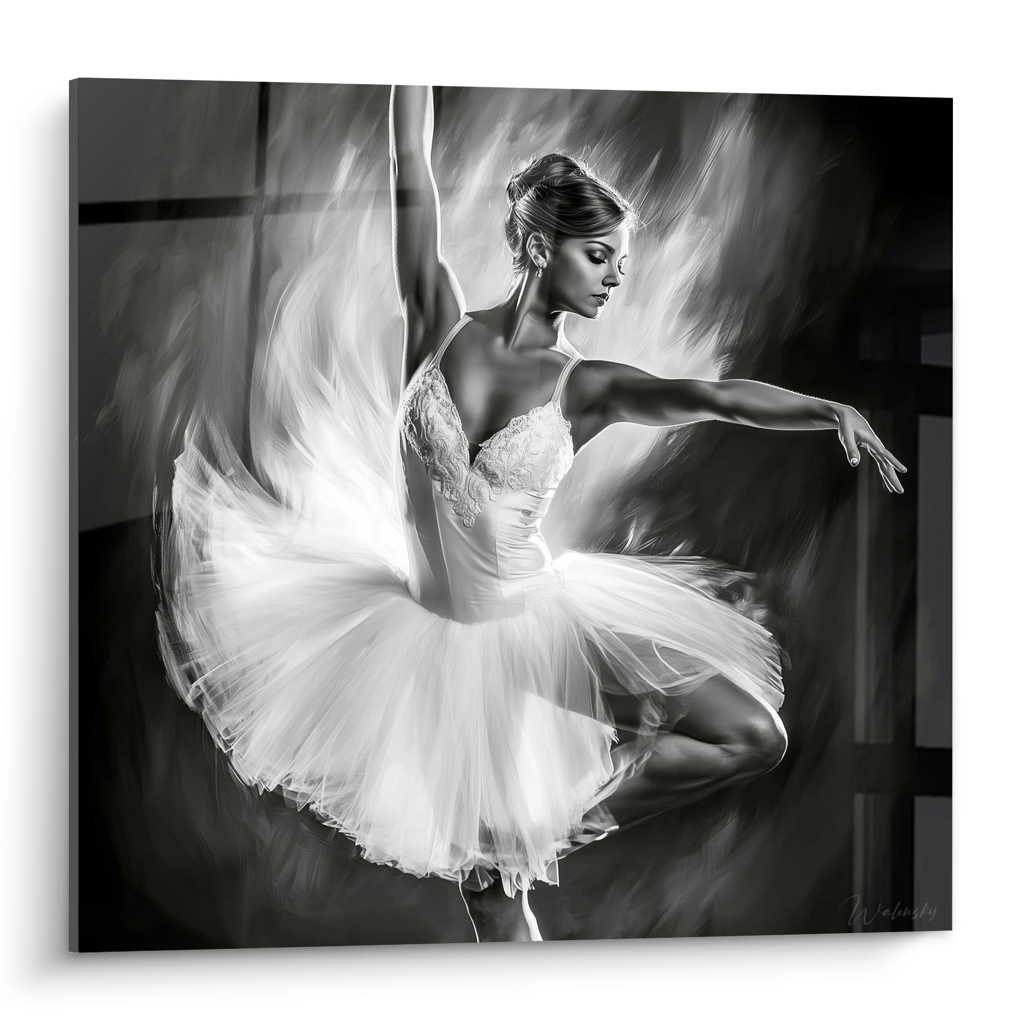 Danseuse abstrait en tutu blanc vaporeux, bras levé, sur fond gris anthracite dramatique