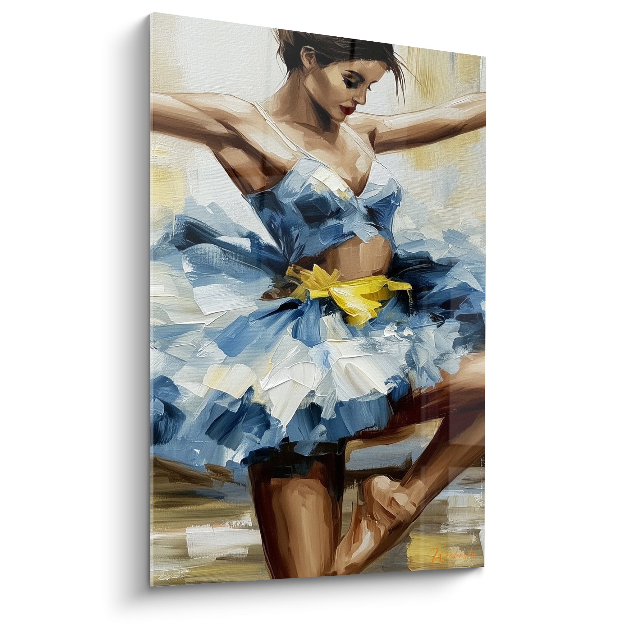 Danseuse abstrait en tutu bleu et blanc ajustant son chausson, touches épaisses et ceinture jaune moutarde