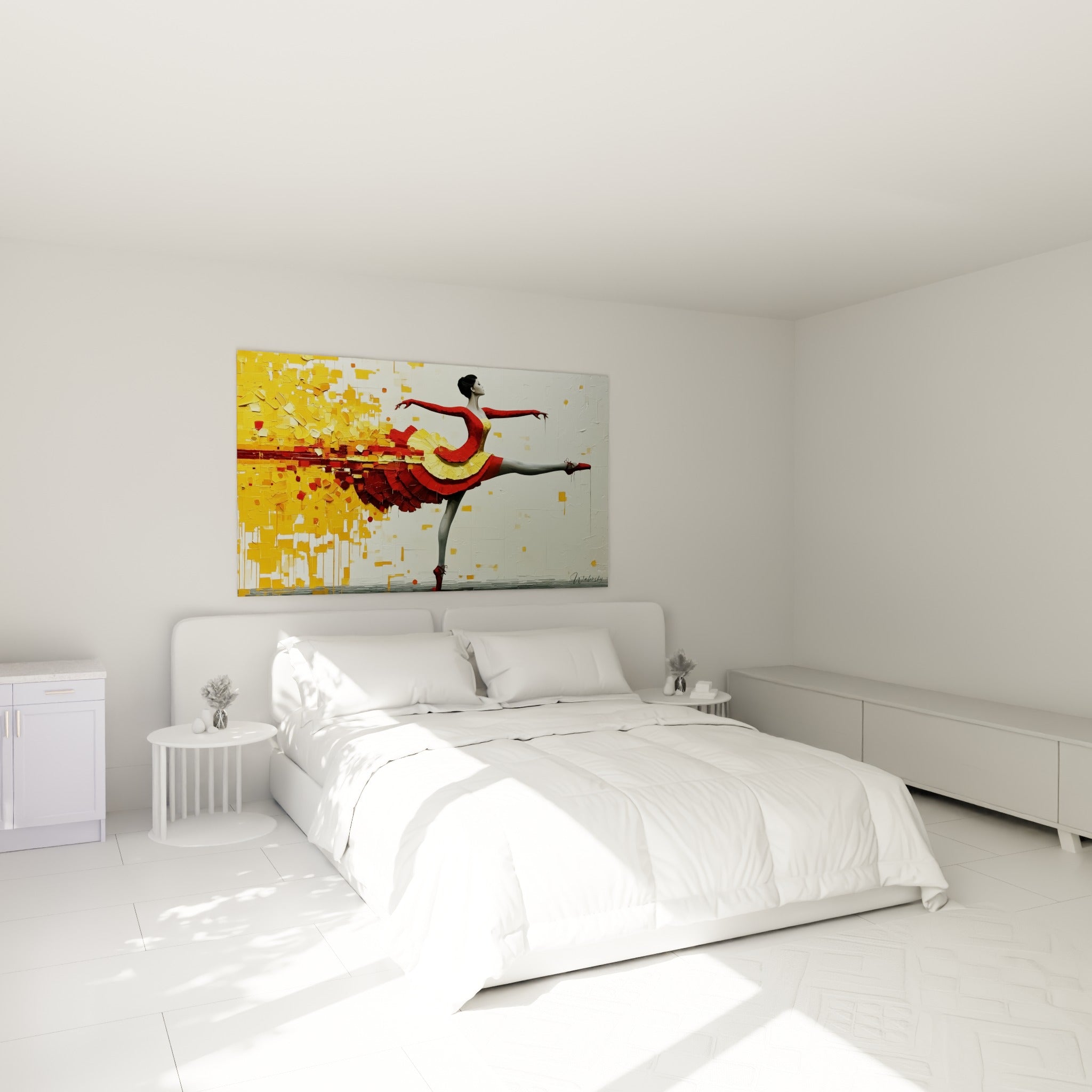 Ballerine grise aux couleurs rouge et dorée, danseuse abstrait au-dessus d'un lit dans une chambre claire