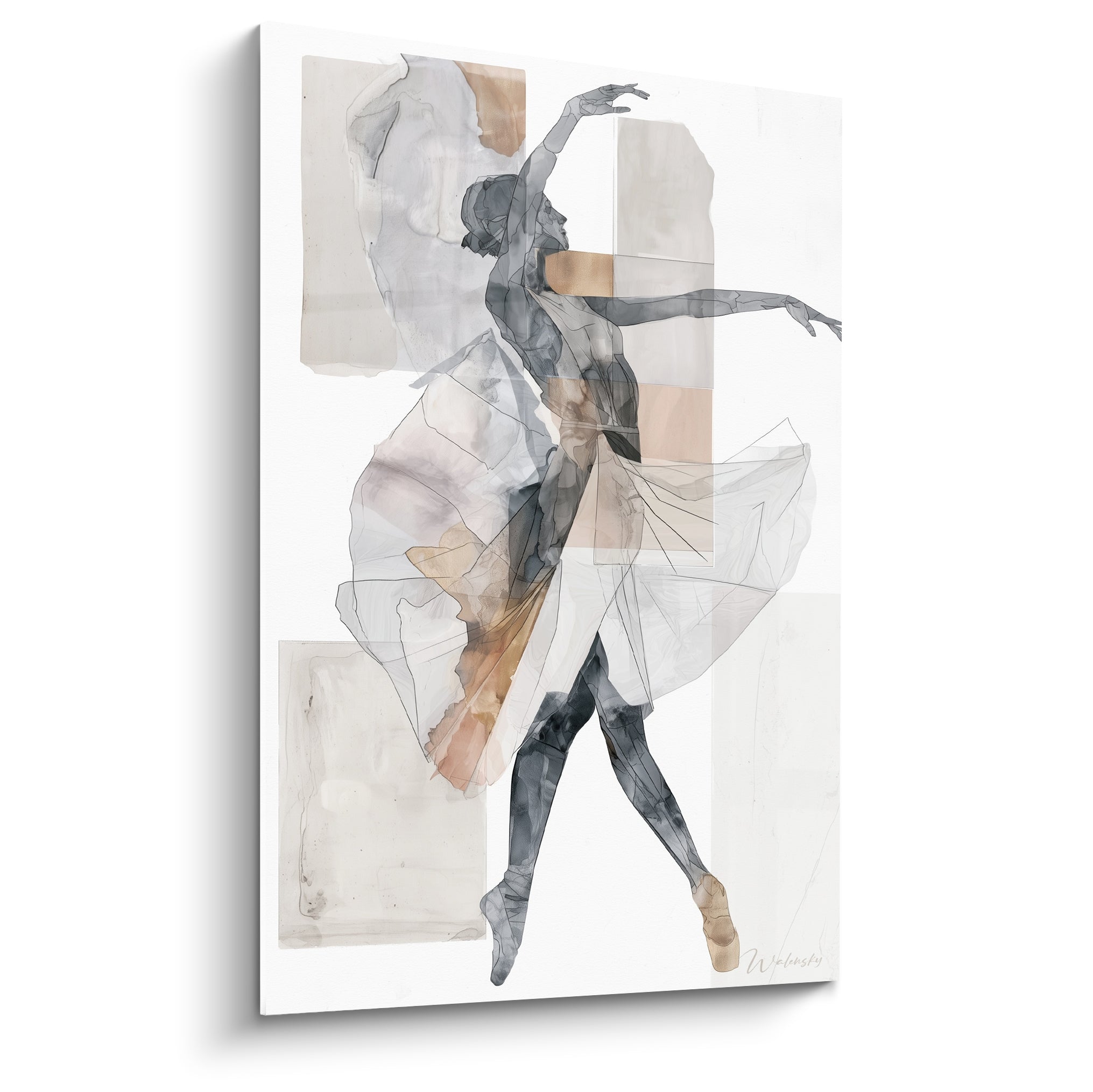 Danseuse abstrait en tutu gris et terracotta, bras levé, silhouette anthracite sur fond beige clair