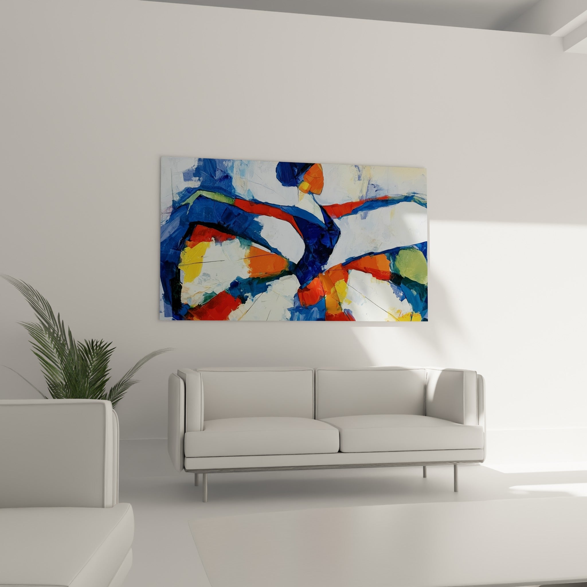 Corps stylisé bleu et vert sauge en mouvement, accroché au-dessus d'un canapé dans un salon lumineux