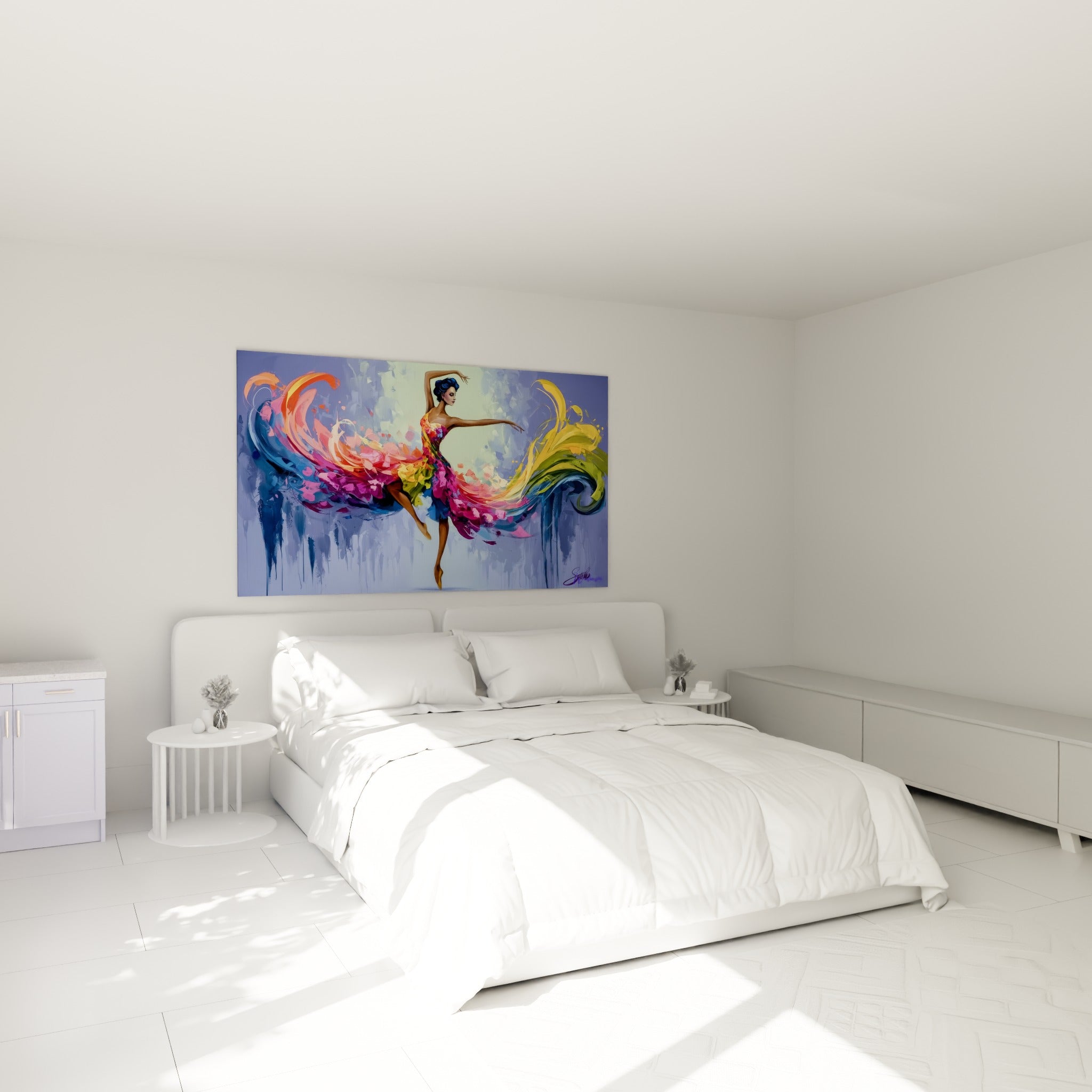 Silhouette dansante en fuchsia et violet, danseuse abstrait au-dessus d'un lit dans une chambre claire