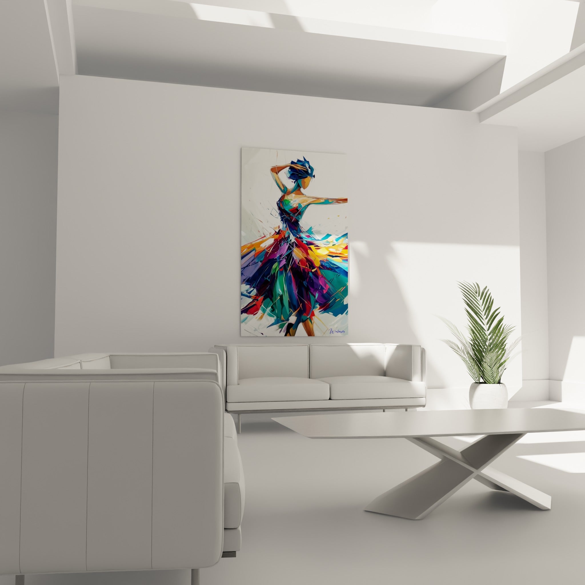Ballerine tourbillonnante en robe violette et dorée, au-dessus d'un canapé dans un salon lumineux