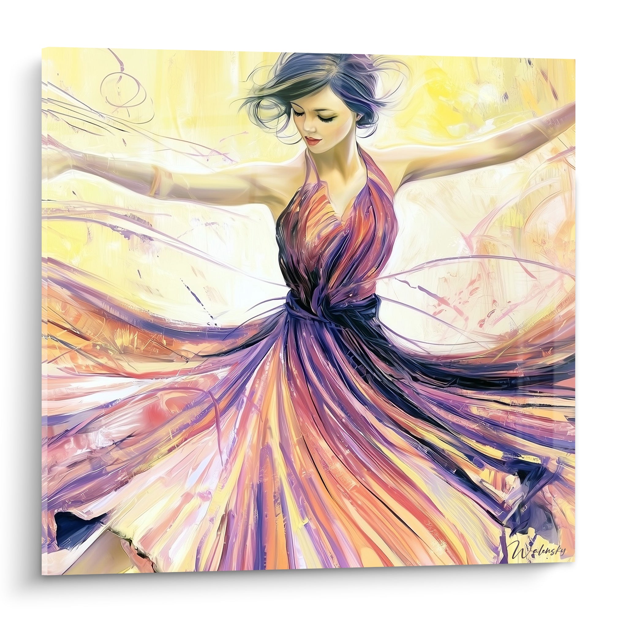 Danseuse abstrait aux teintes violettes et dorées, jupe déployée en plein tourbillon expressif