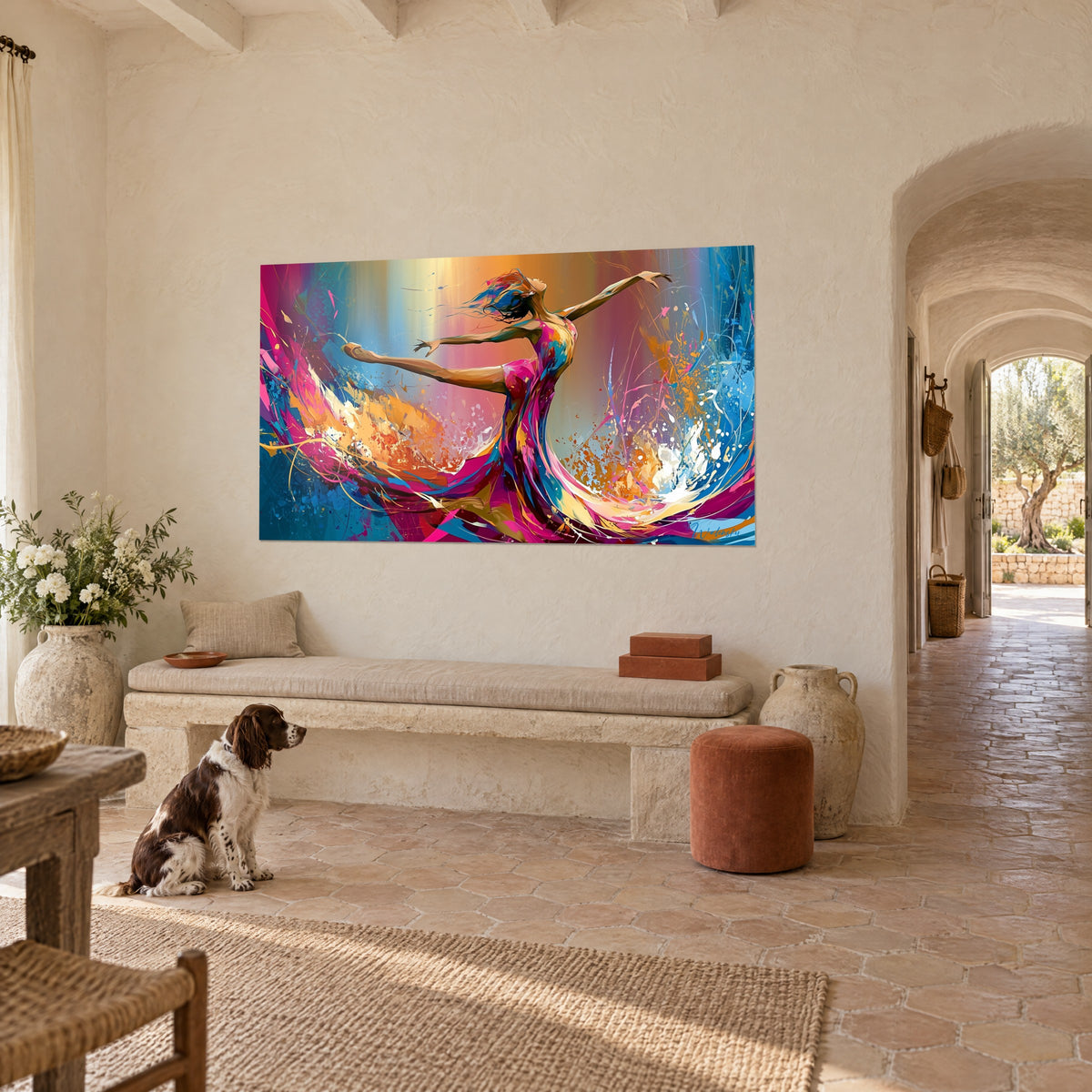 Tableau silhouette gracile cambrée, jambe levée, éclaboussures ambre et turquoise, spaniel assis dans un mas provençal