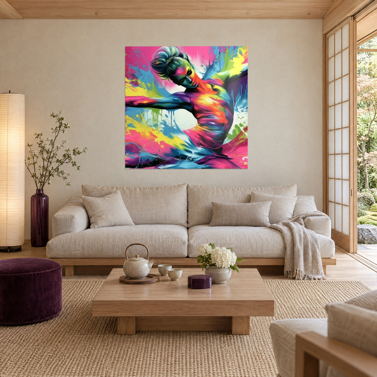 Wall art dancer mid-leap with pink and yellow splashes, arm outstretched, turquoise blue background, above a sofa in a bright living room