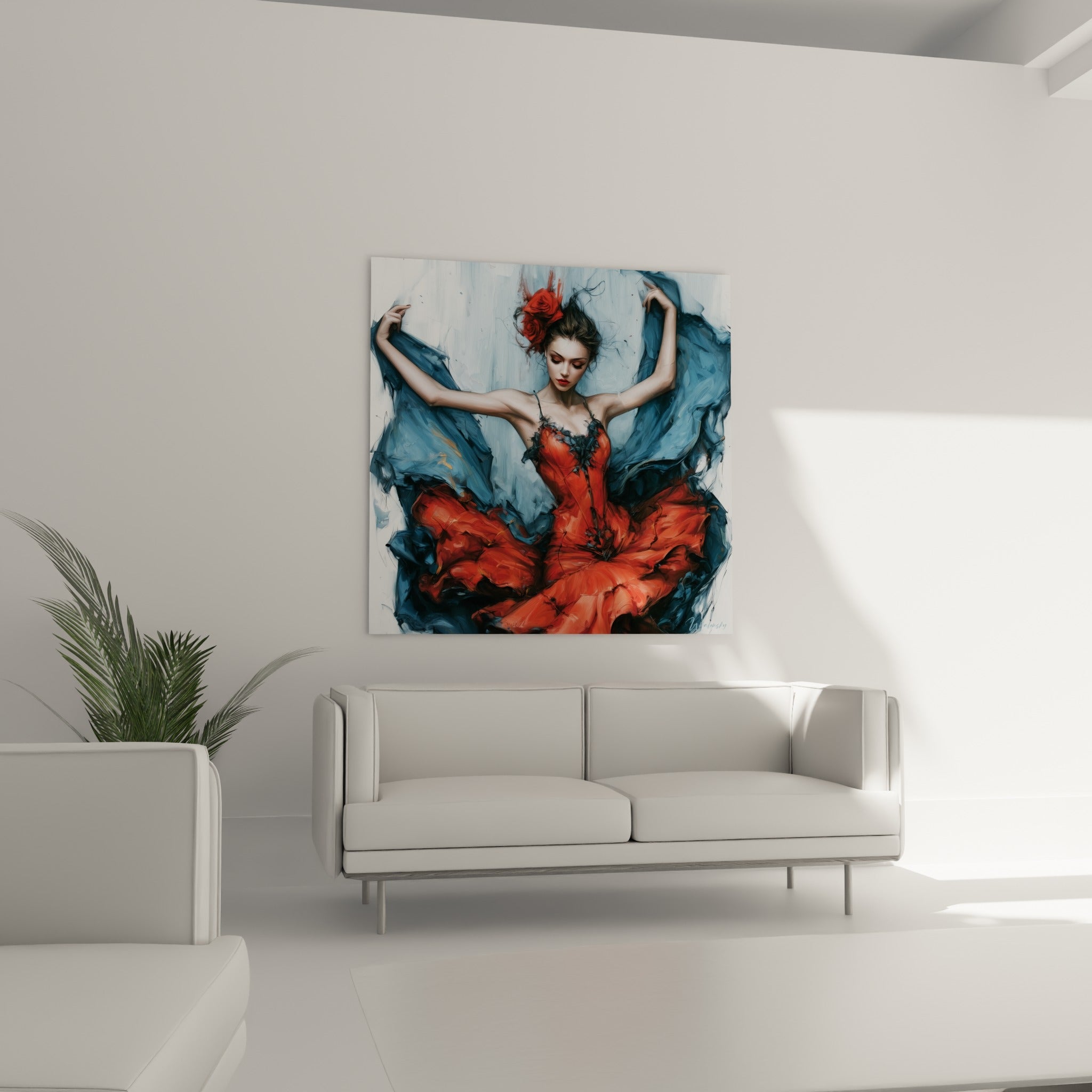 Mouvement de danse en rouge vif et bleu ardoise au-dessus d'un canapé dans un salon lumineux