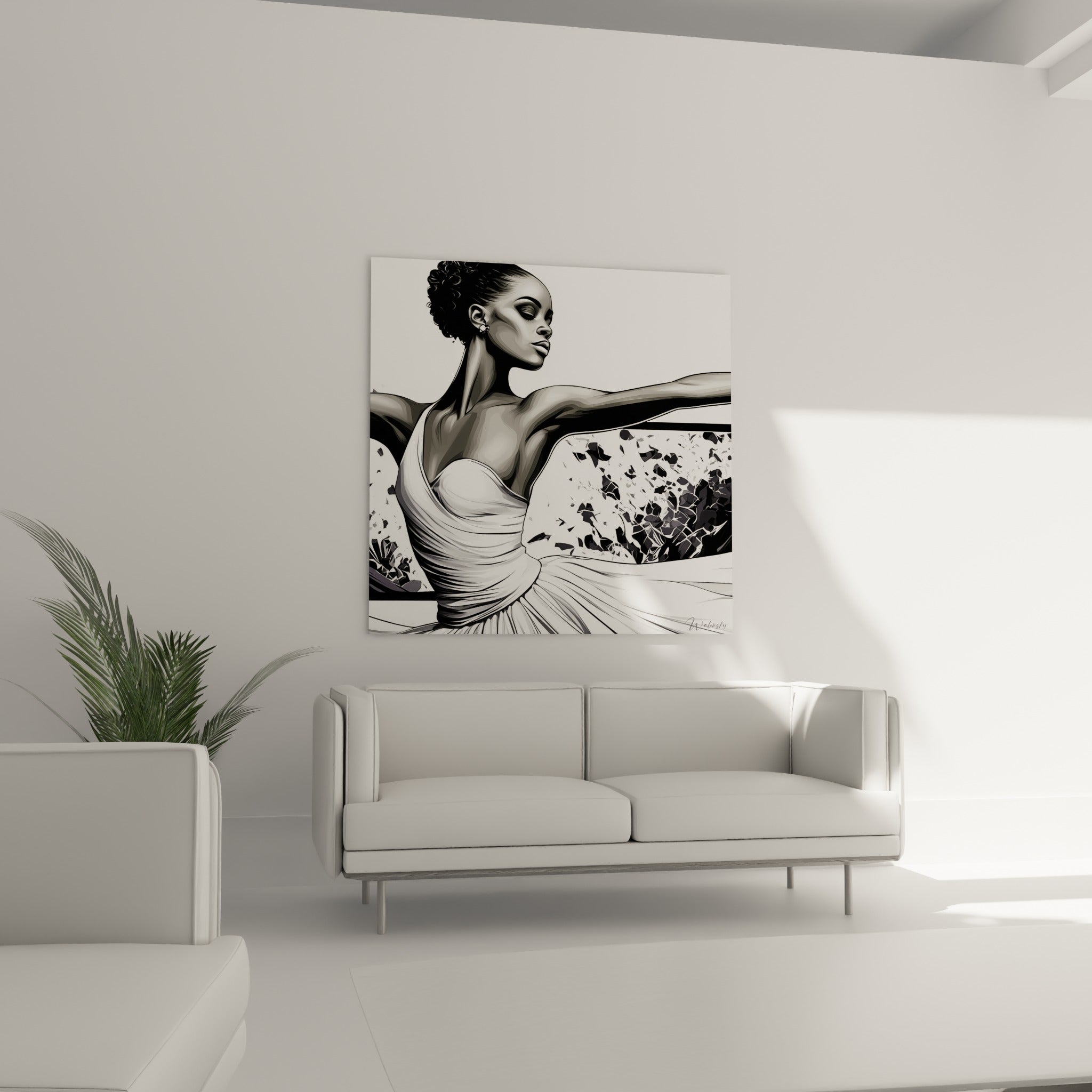 Ballerine au voile blanc et peau grise nuancée, au-dessus d'un canapé dans un salon lumineux