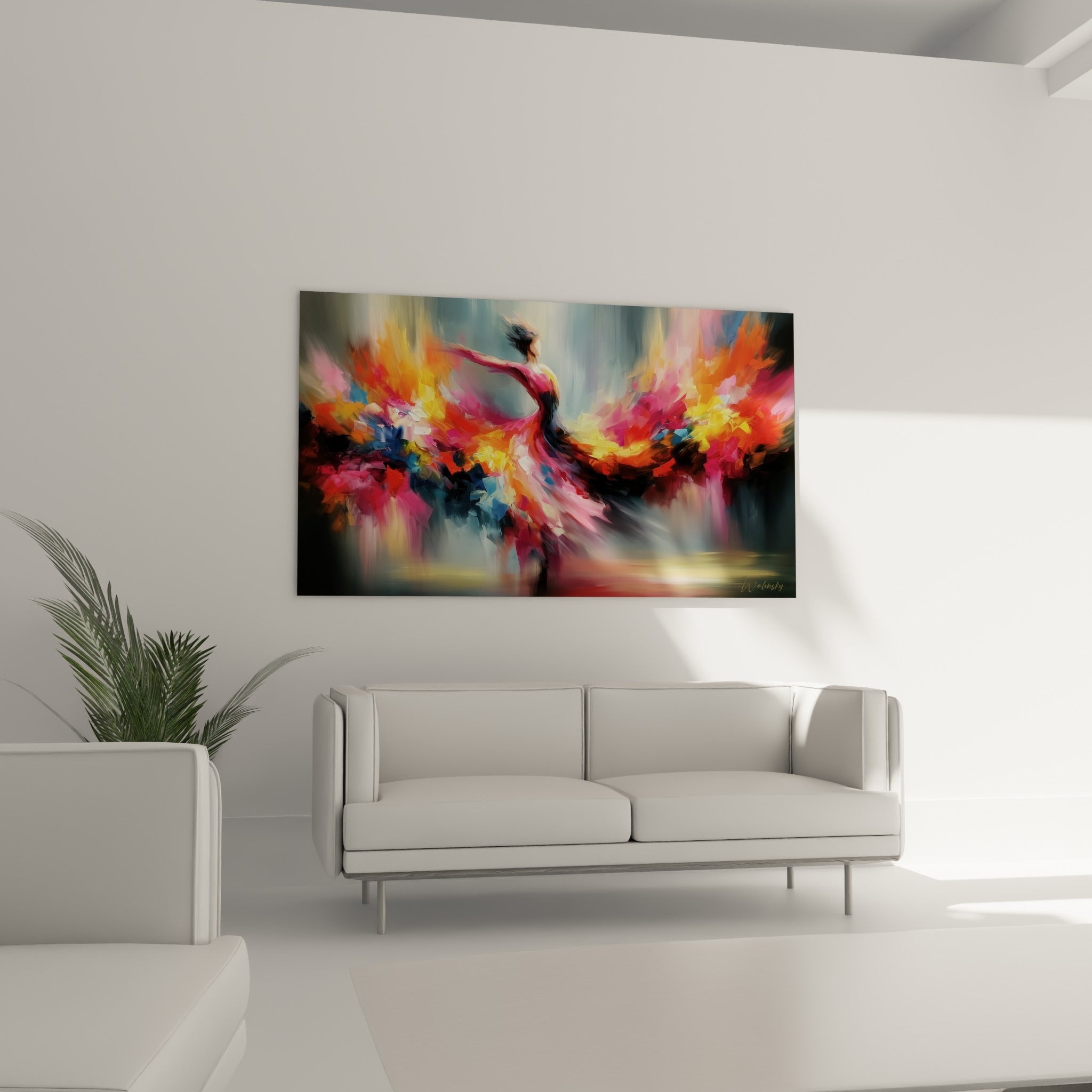 Mouvement coloré rose et bleu turquoise, danseuse abstraite au-dessus d'un canapé dans un salon lumineux