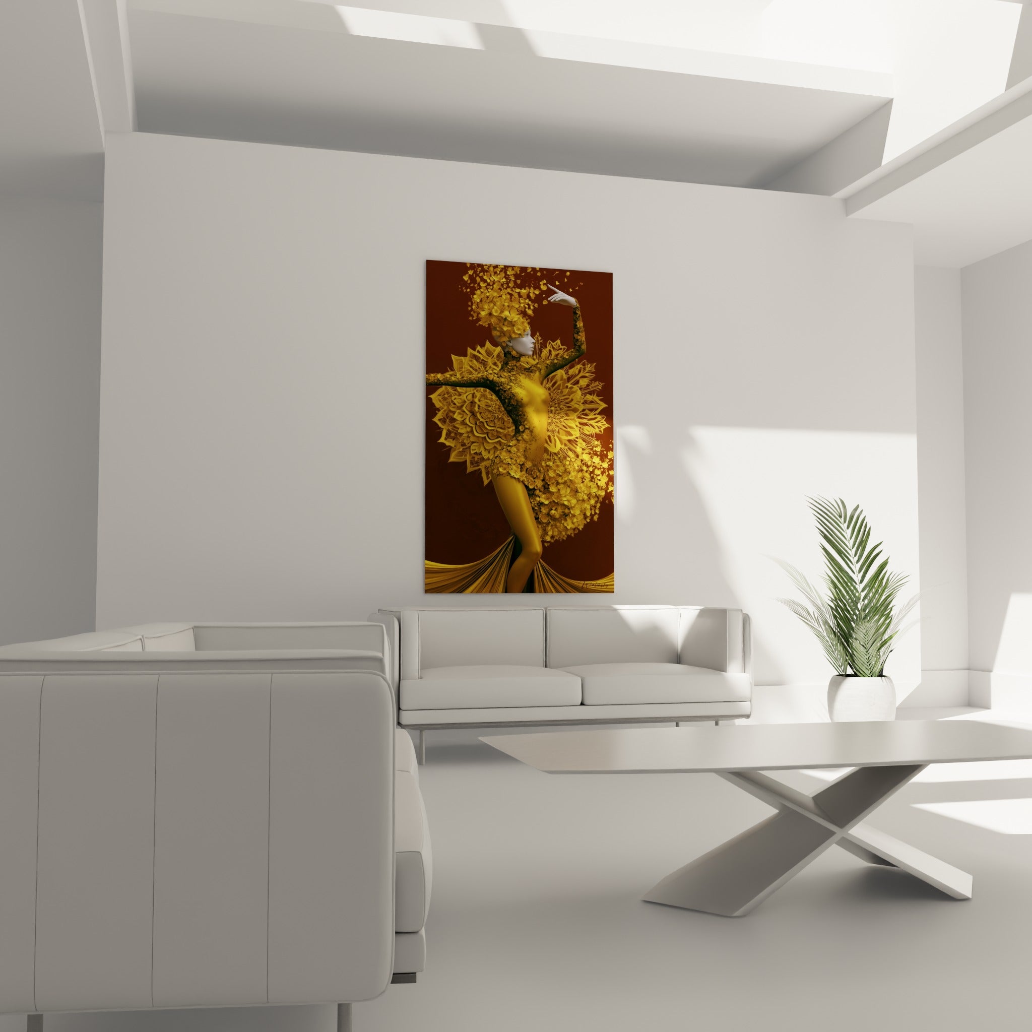 Figure de danseuse ocre et brune en pleine transformation florale, au-dessus d'un canapé dans un salon lumineux