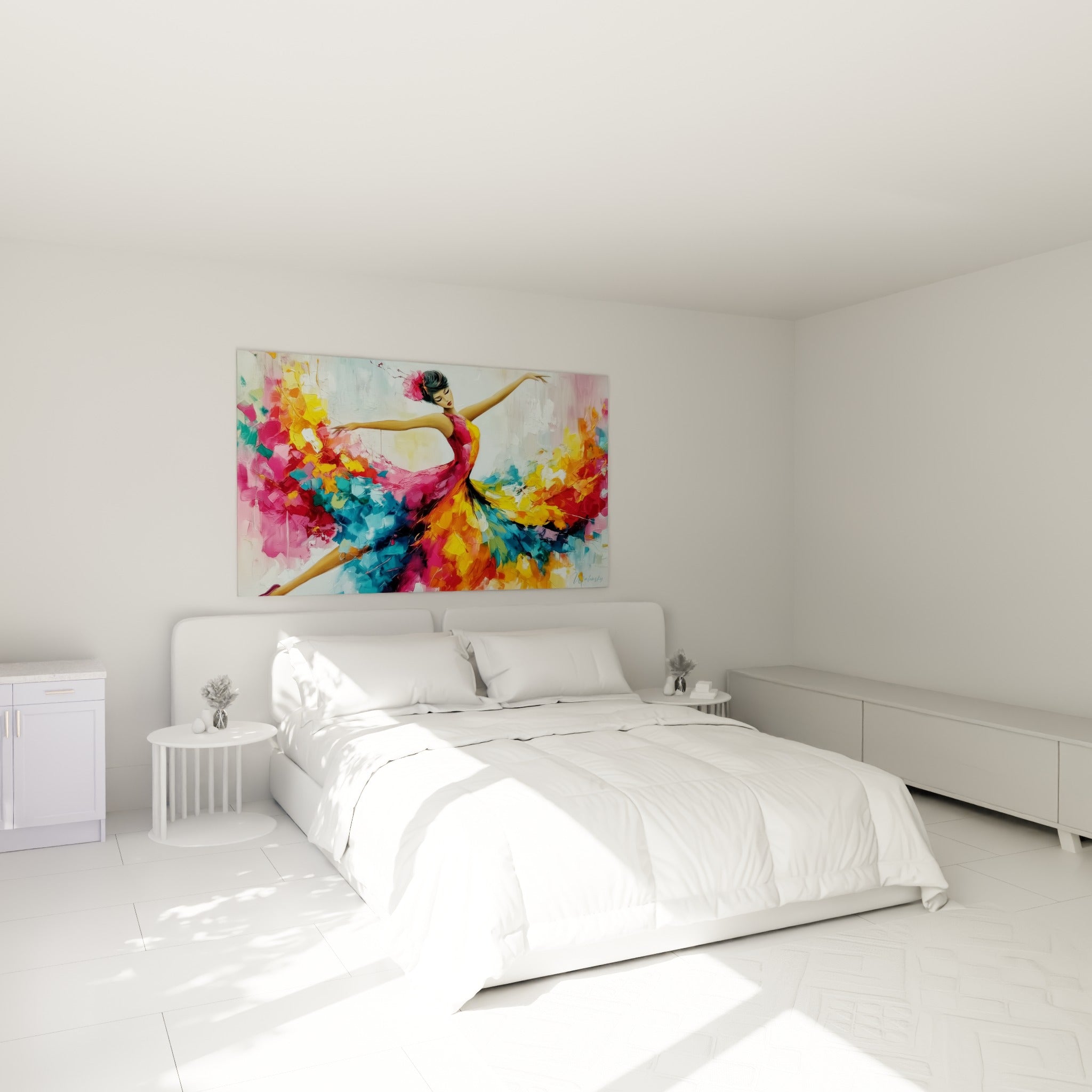 Silhouette de danseuse fuchsia et jaune en pleine envolée, au-dessus d'un lit dans une chambre claire